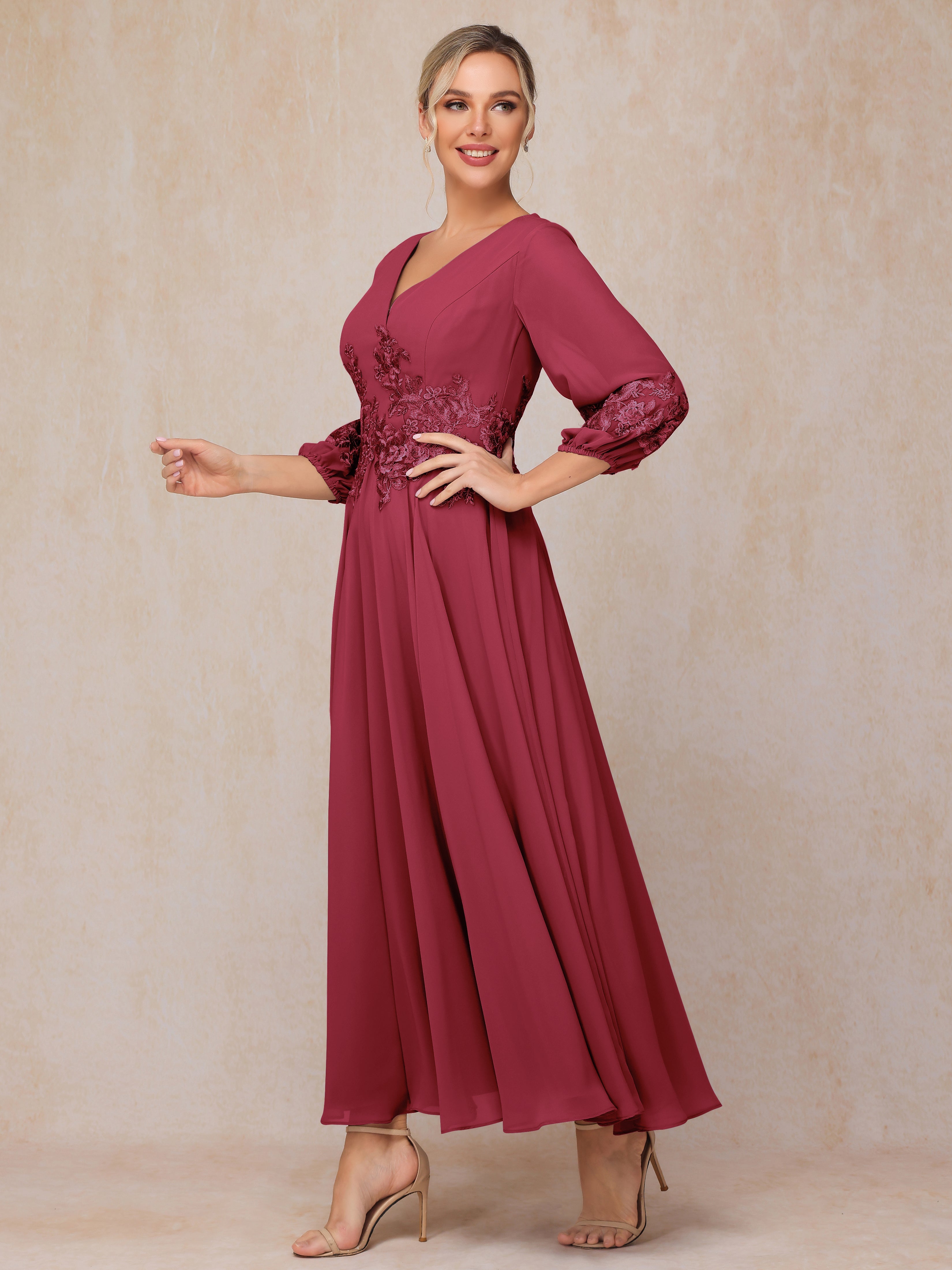 Long Sleeves Appliques Ankle Length Chiffon Wedding Guest Dresses