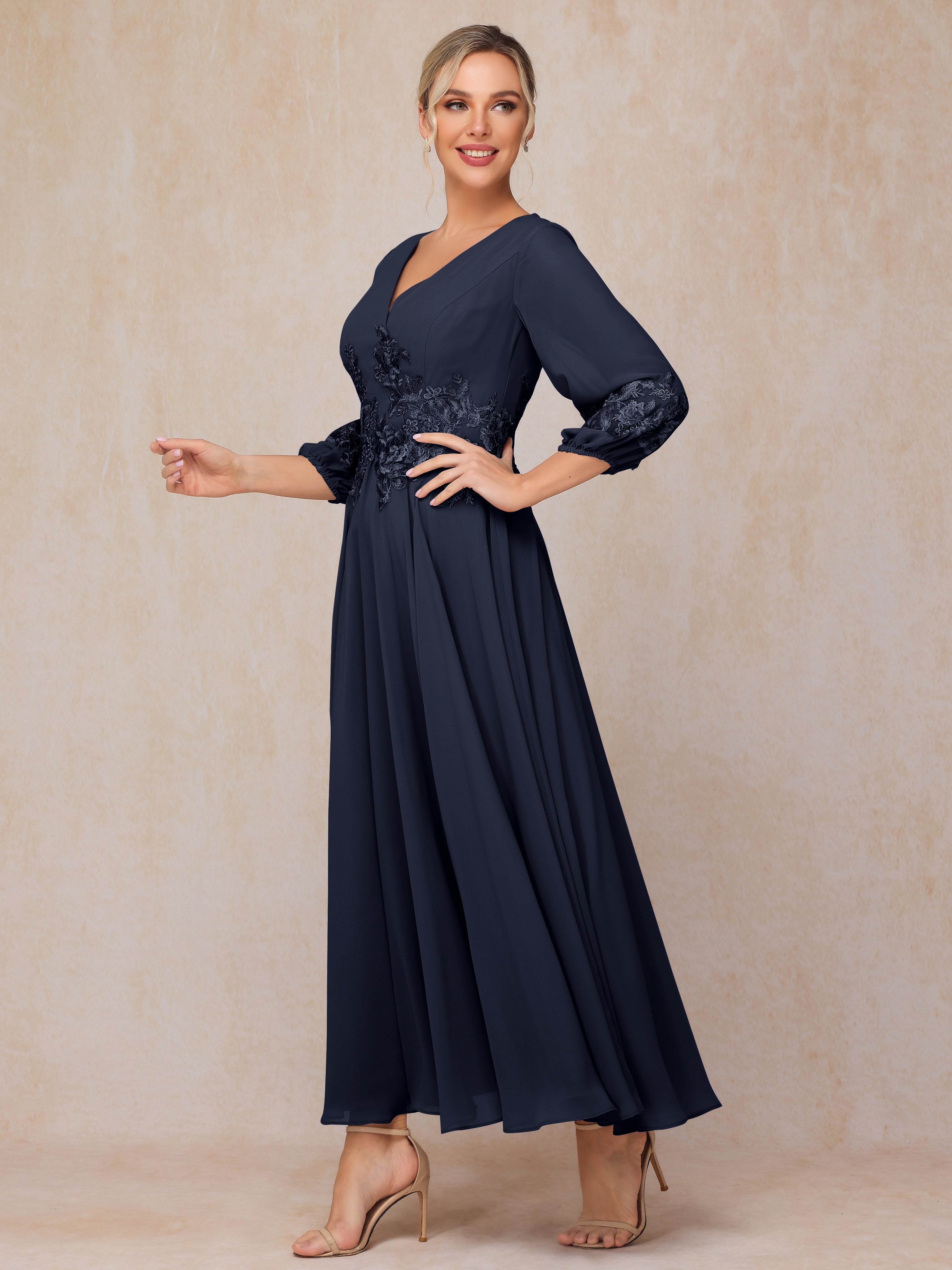 Long Sleeves Appliques Ankle Length Chiffon Mother Of The Bride Dress