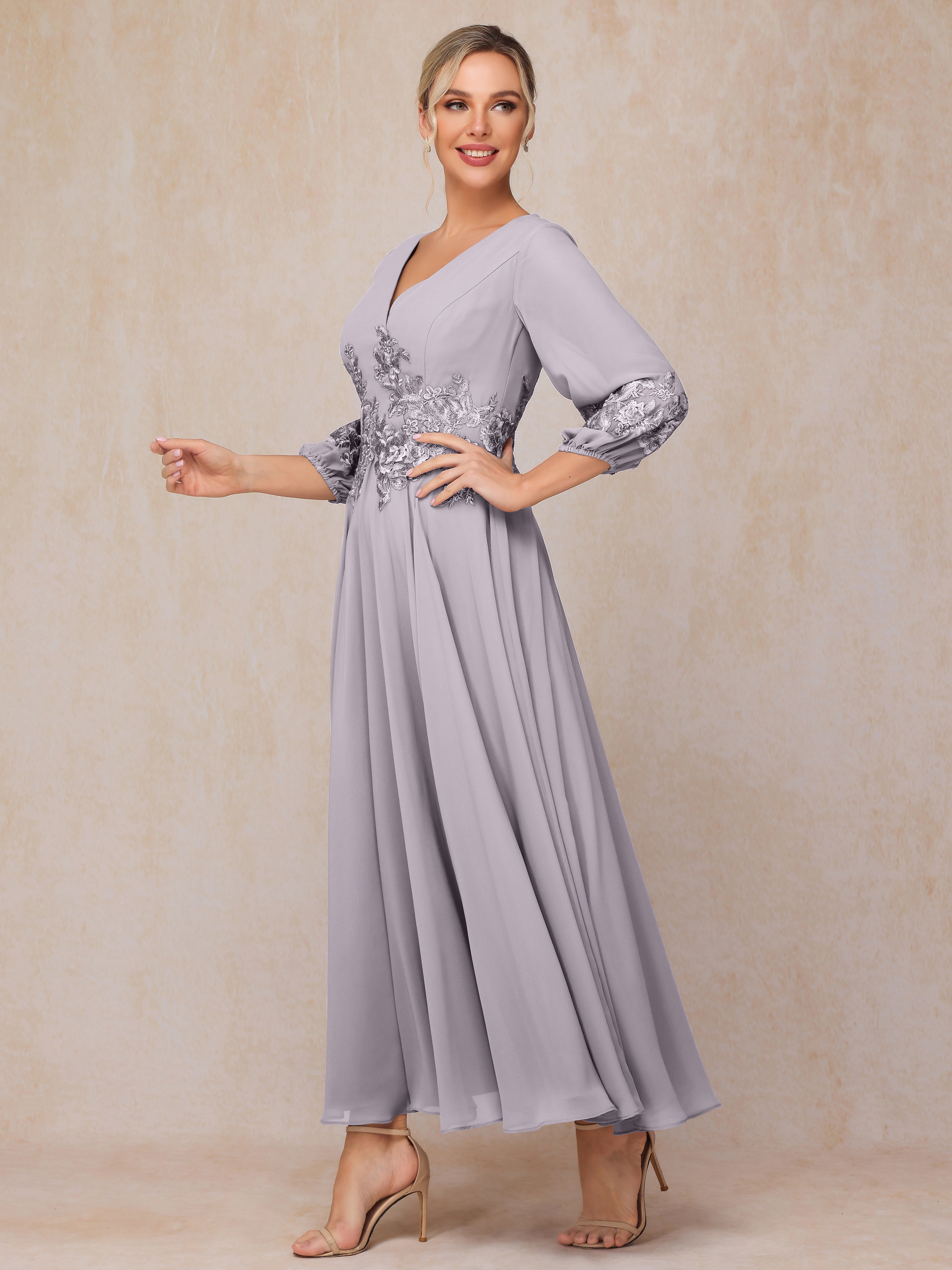 Long Sleeves Appliques Ankle Length Chiffon Mother Of The Bride Dress