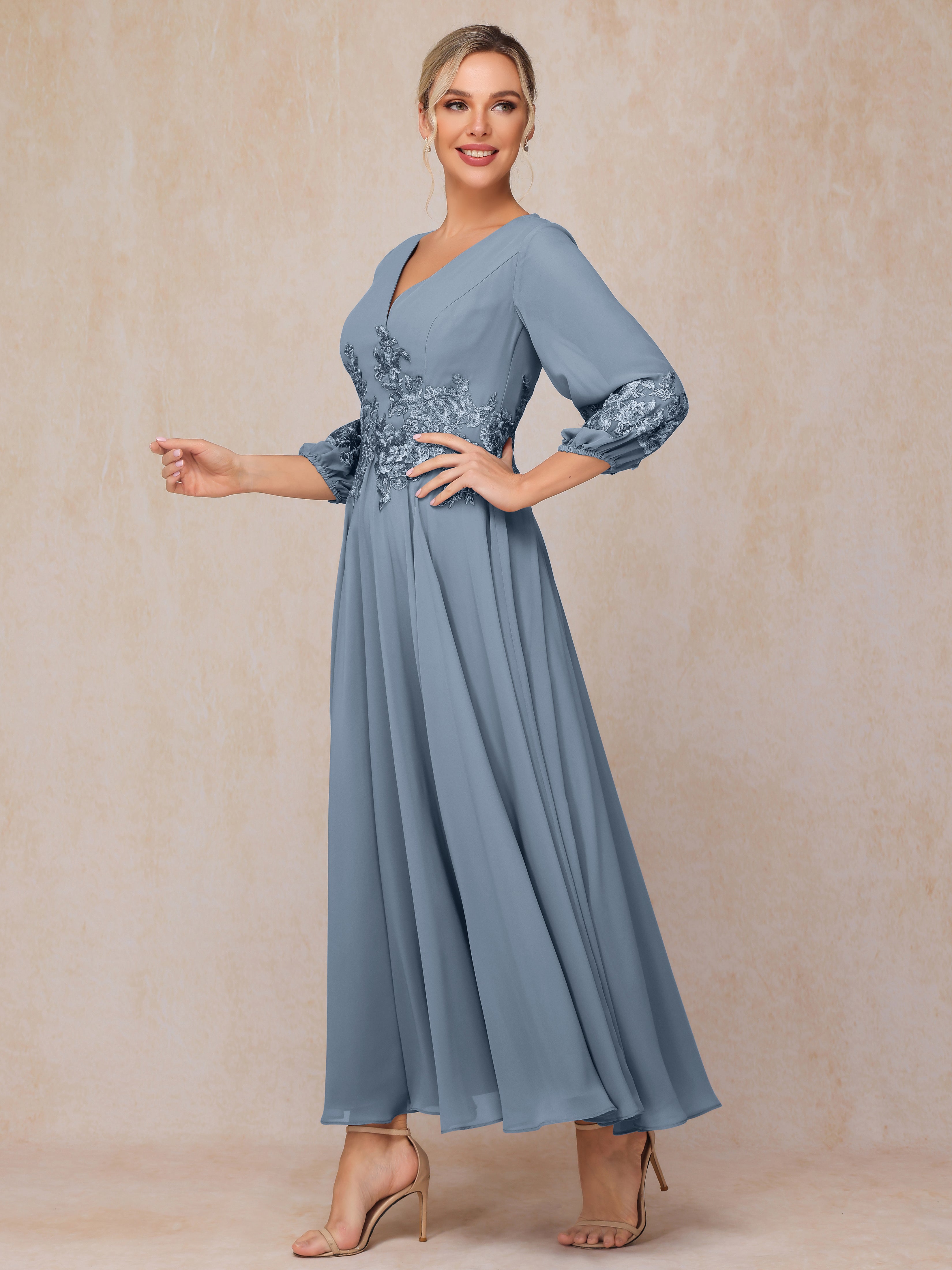 Long Sleeves Appliques Ankle Length Chiffon Wedding Guest Dresses