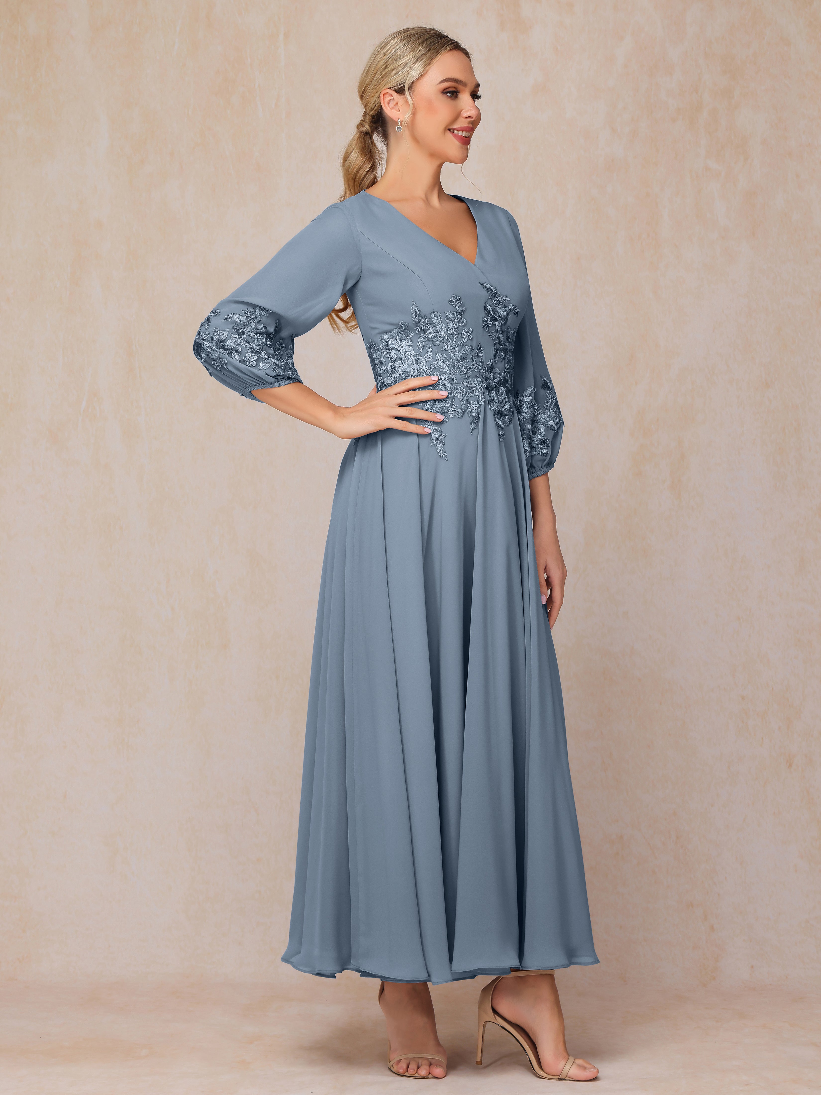 Long Sleeves Appliques Ankle Length Chiffon Wedding Guest Dresses