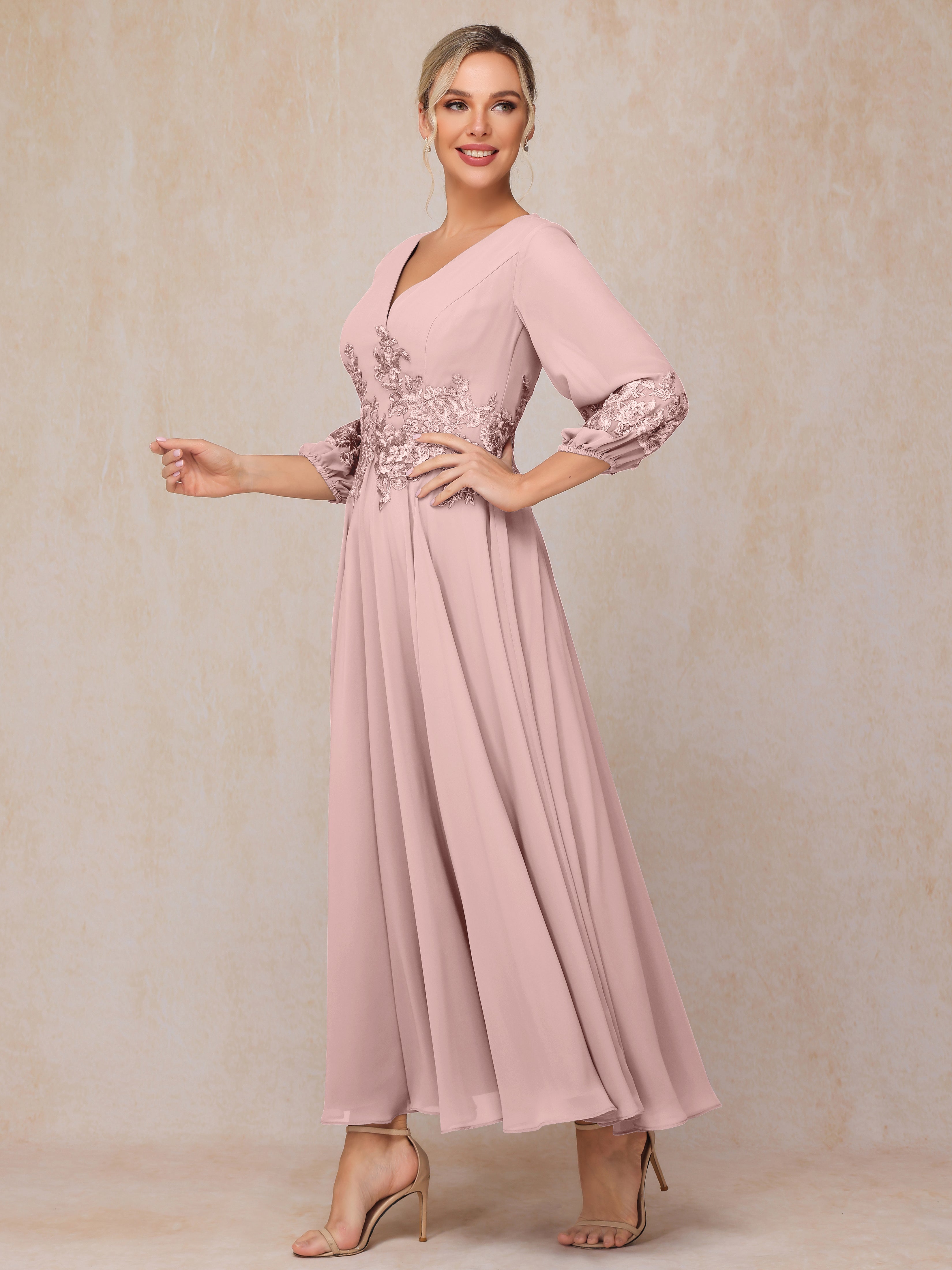 Long Sleeves Appliques Ankle Length Chiffon Mother Of The Bride Dress