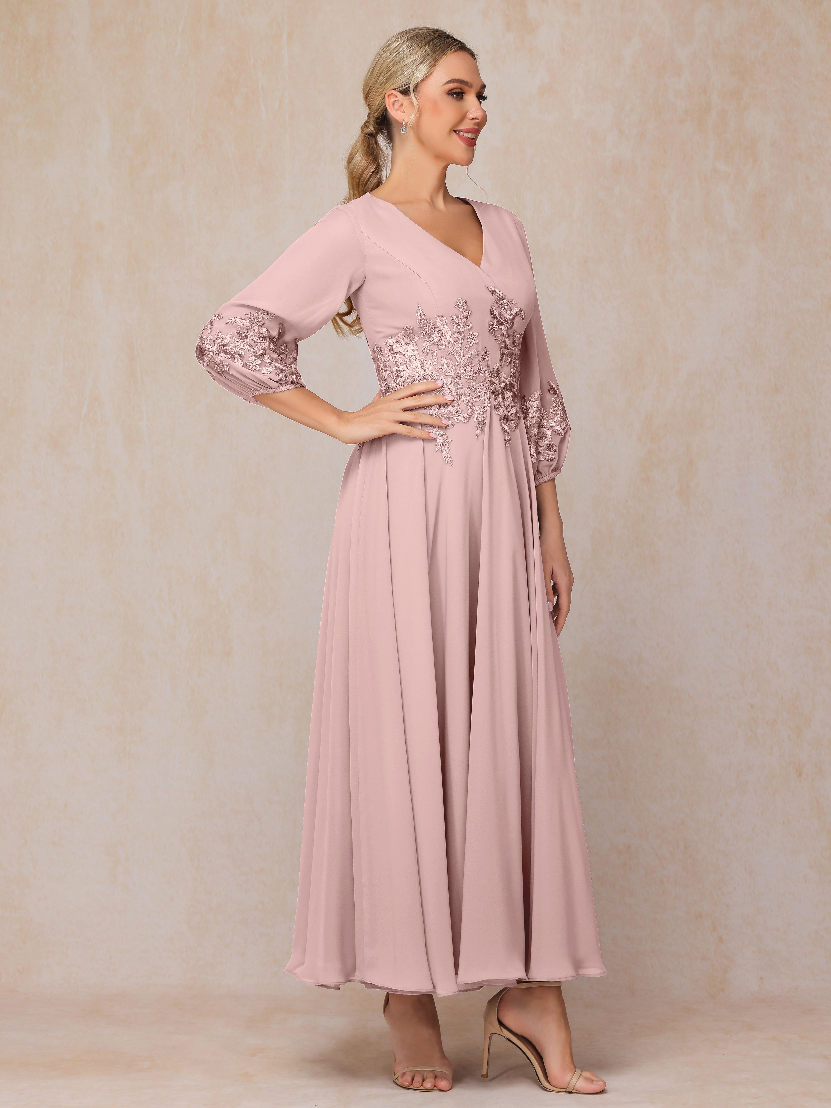 Long Sleeves Appliques Ankle Length Chiffon Mother Of The  Groom Dress