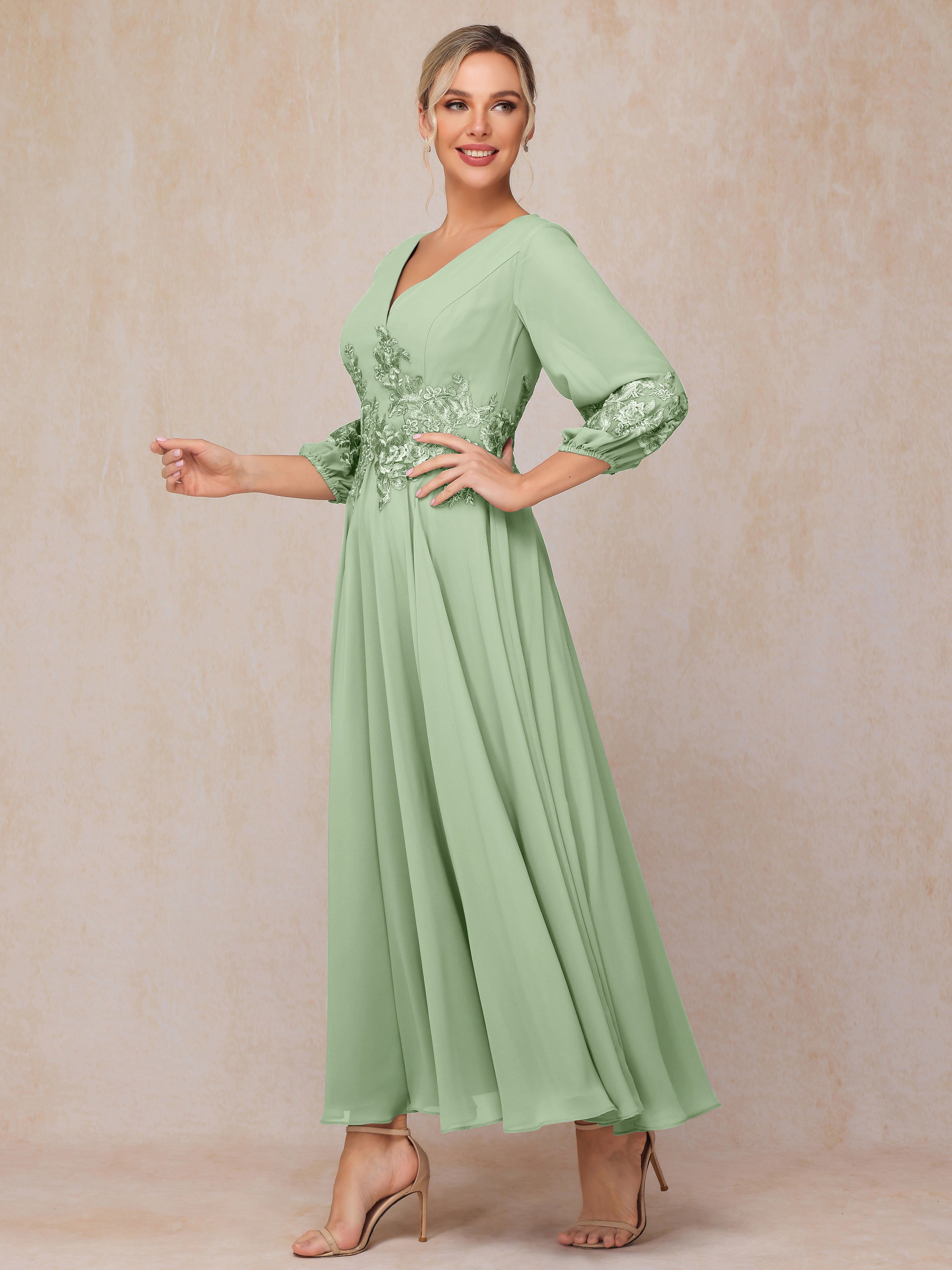 Long Sleeves Appliques Ankle Length Chiffon Mother Of The Bride Dress