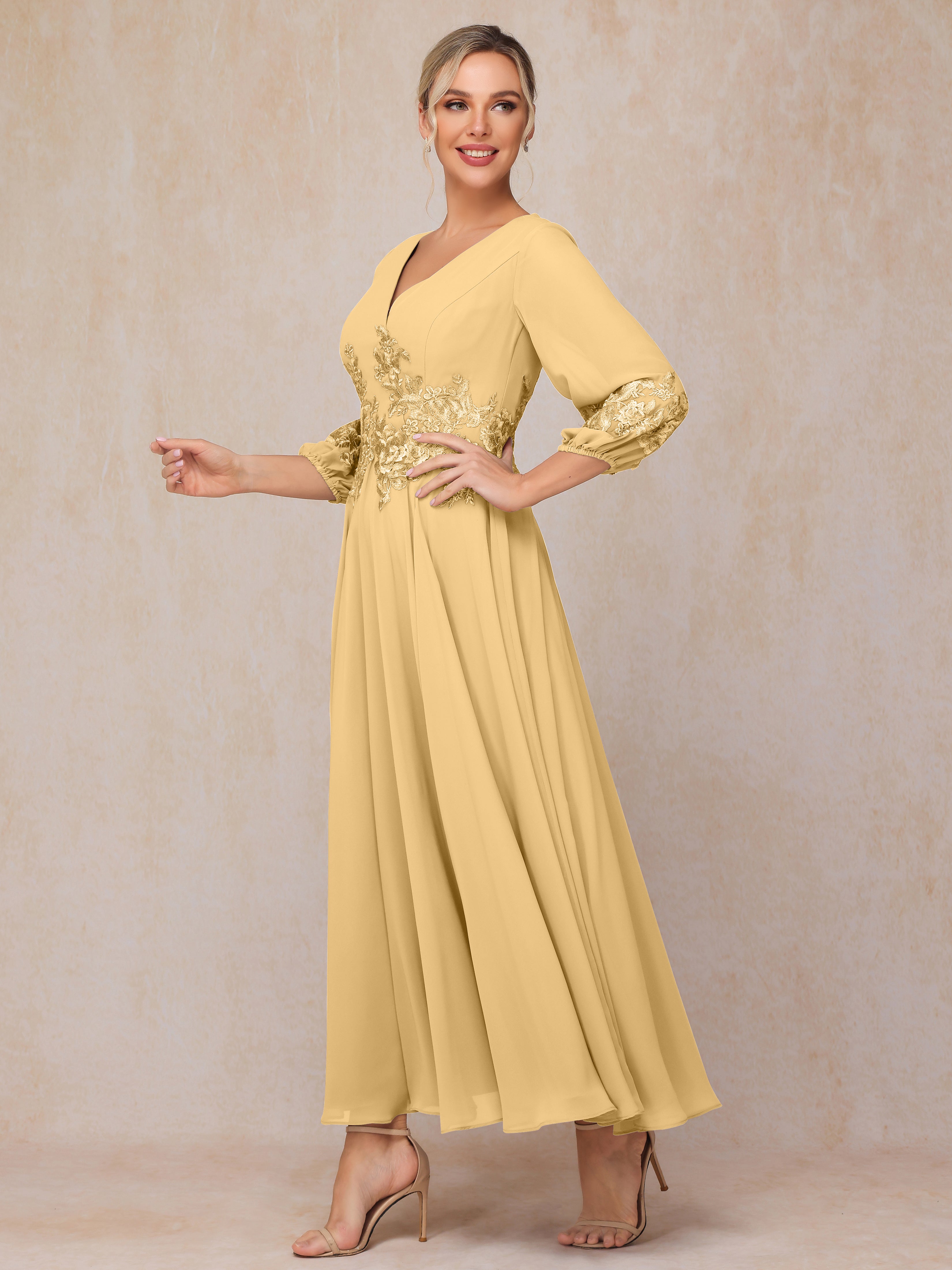 Long Sleeves Appliques Ankle Length Chiffon Mother Of The Bride Dress