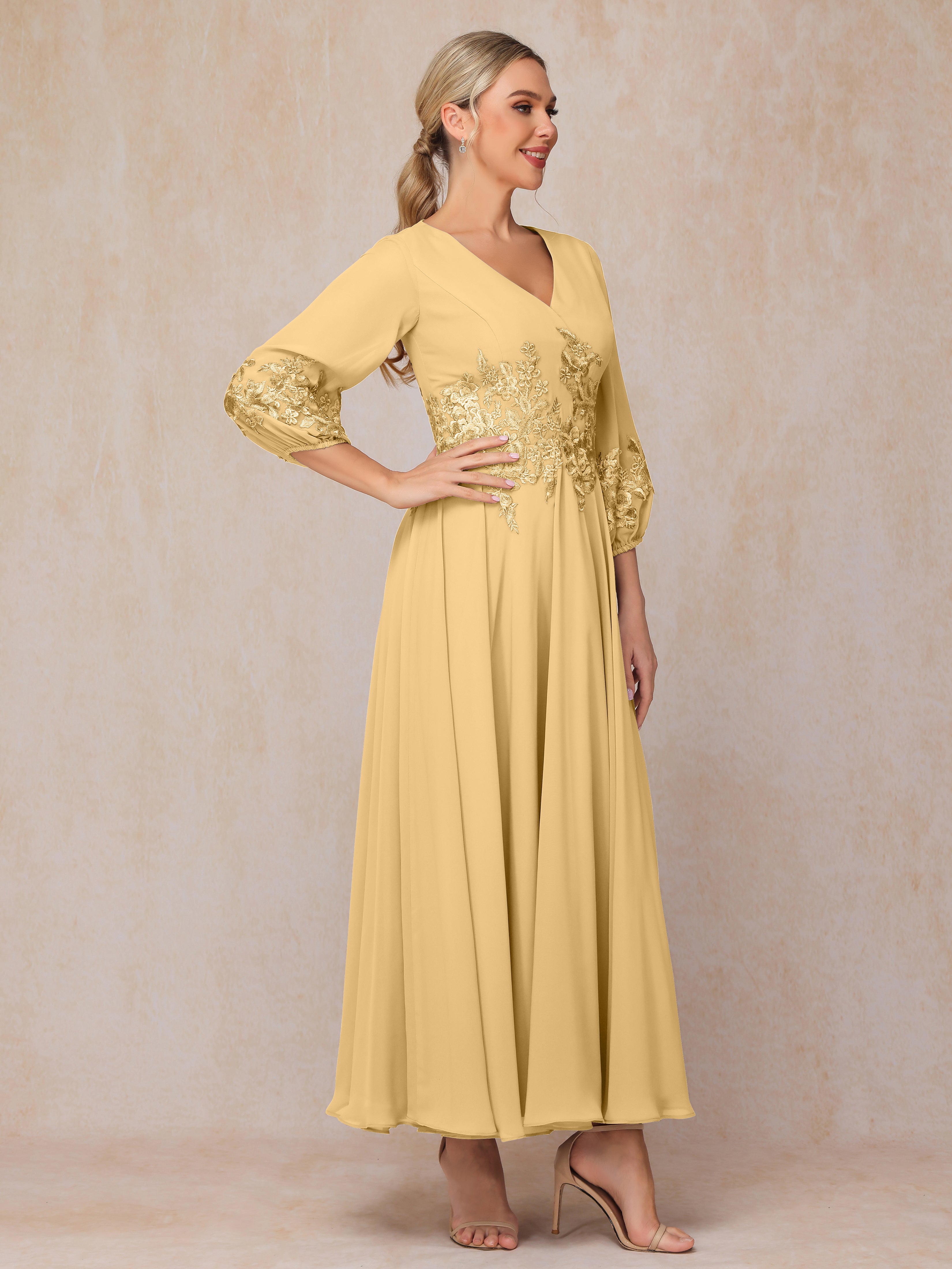 Long Sleeves Appliques Ankle Length Chiffon Mother Of The Bride Dress