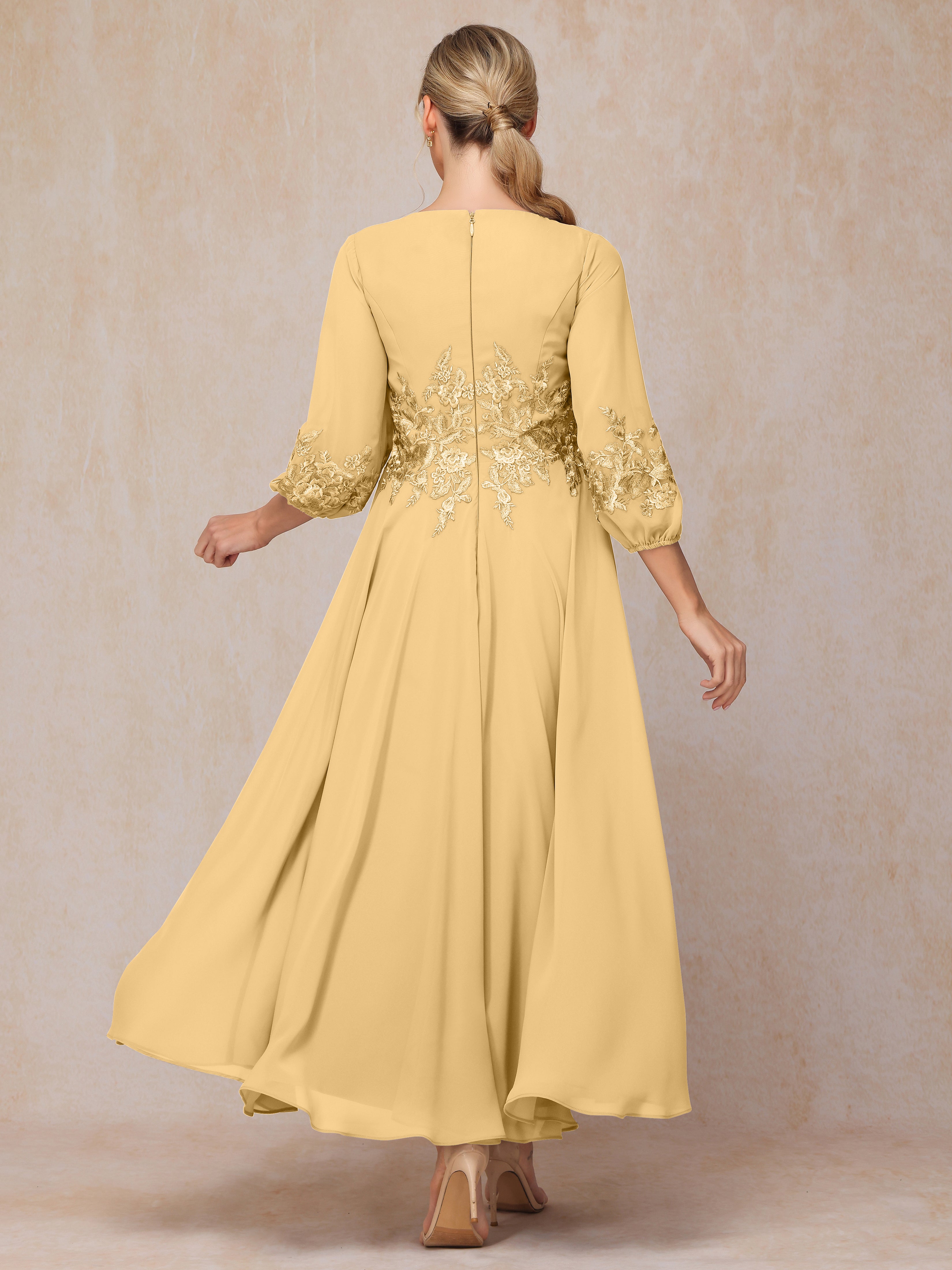 Long Sleeves Appliques Ankle Length Chiffon Mother Of The Bride Dress