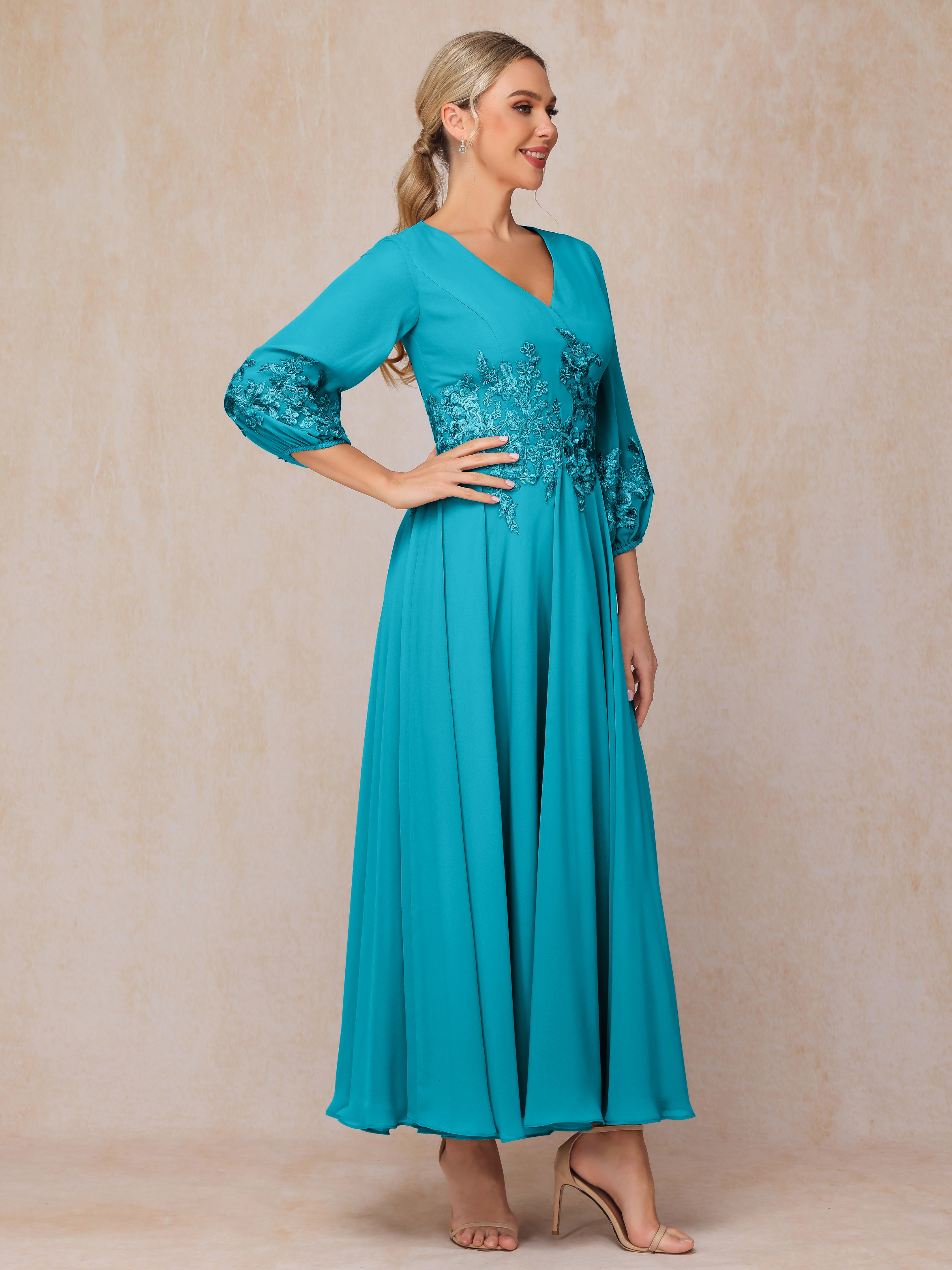 Long Sleeves Appliques Ankle Length Chiffon Mother Of The Bride Dress