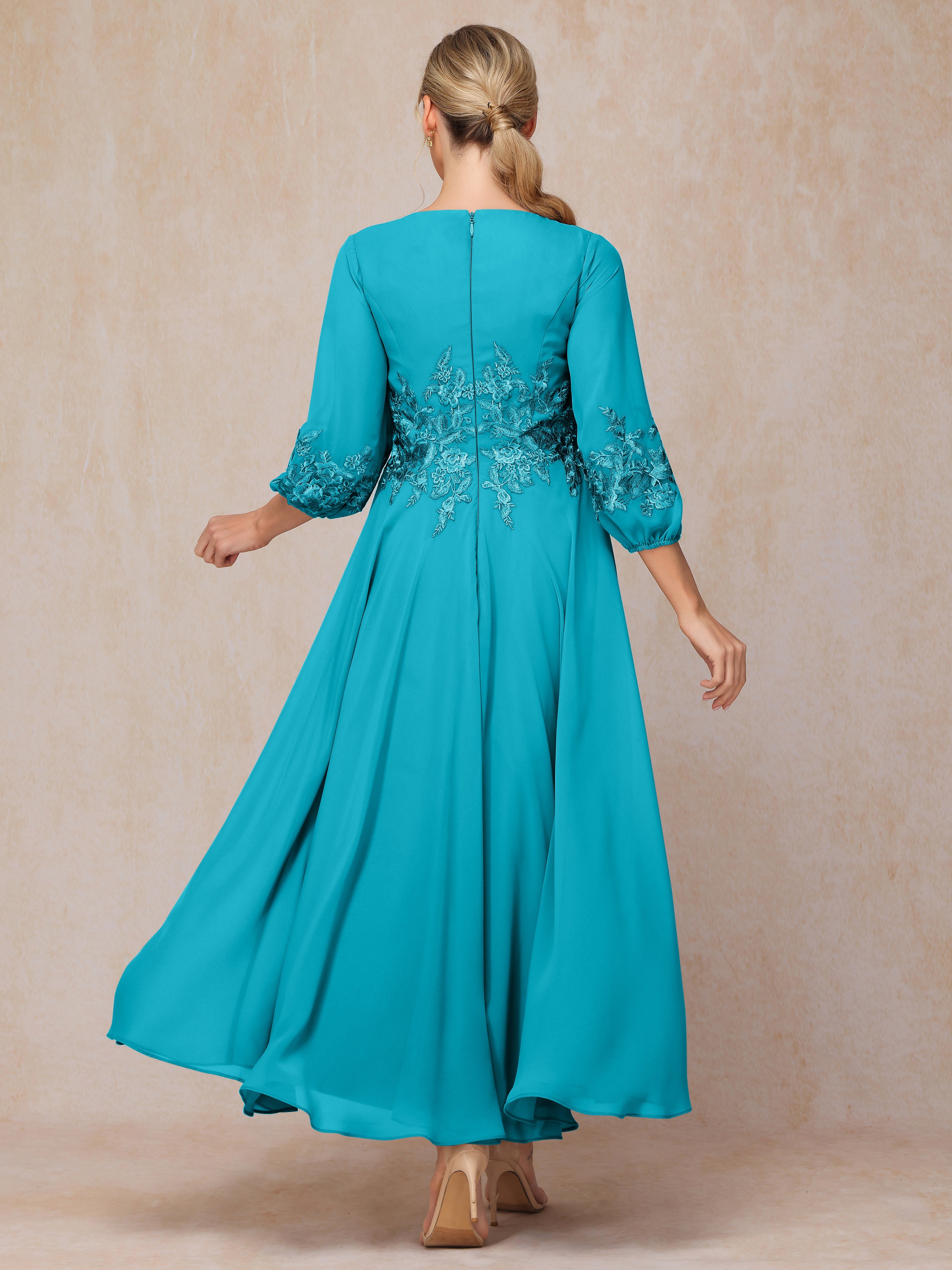 Long Sleeves Appliques Ankle Length Chiffon Wedding Guest Dresses