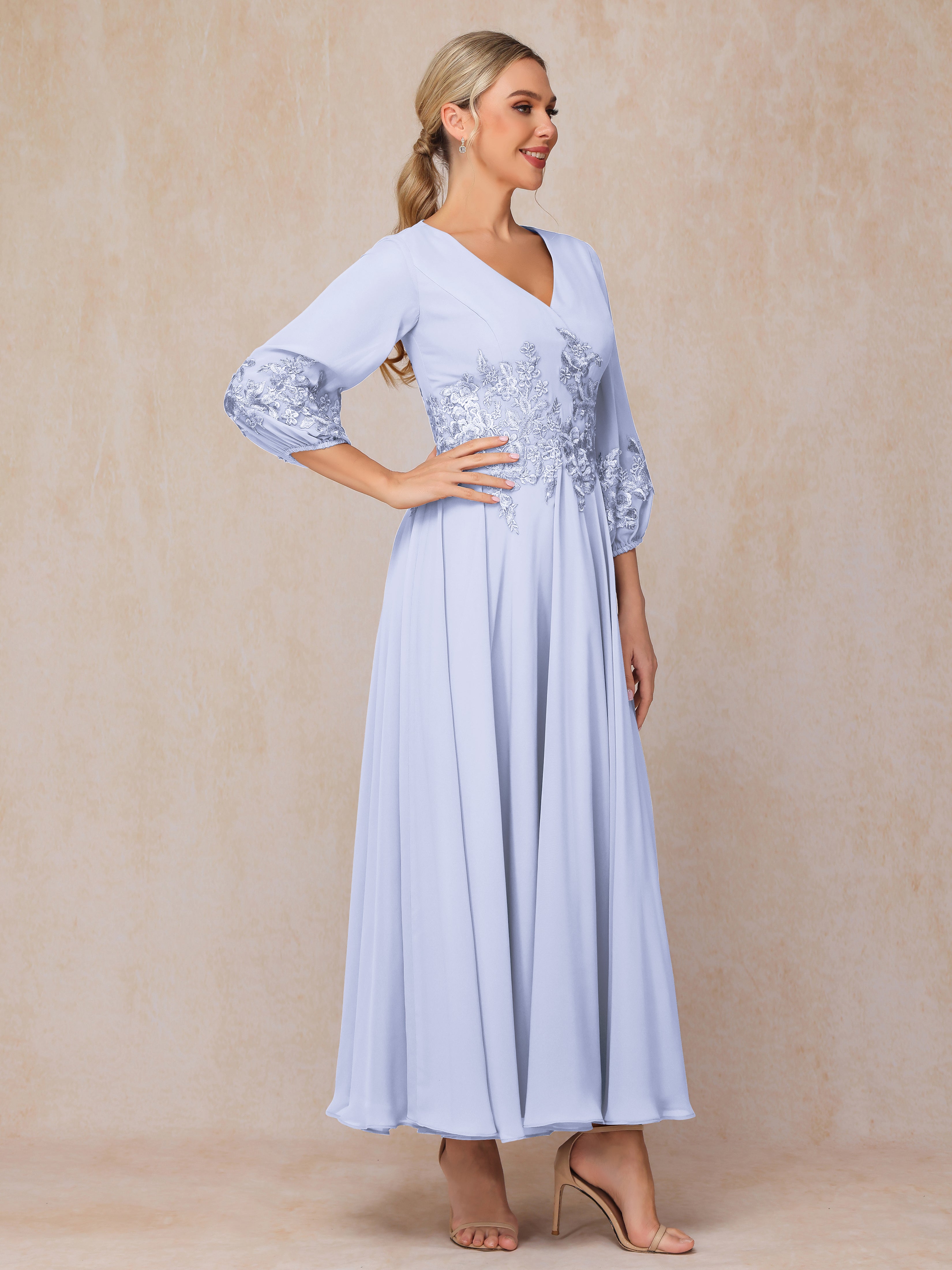 Long Sleeves Appliques Ankle Length Chiffon Wedding Guest Dresses