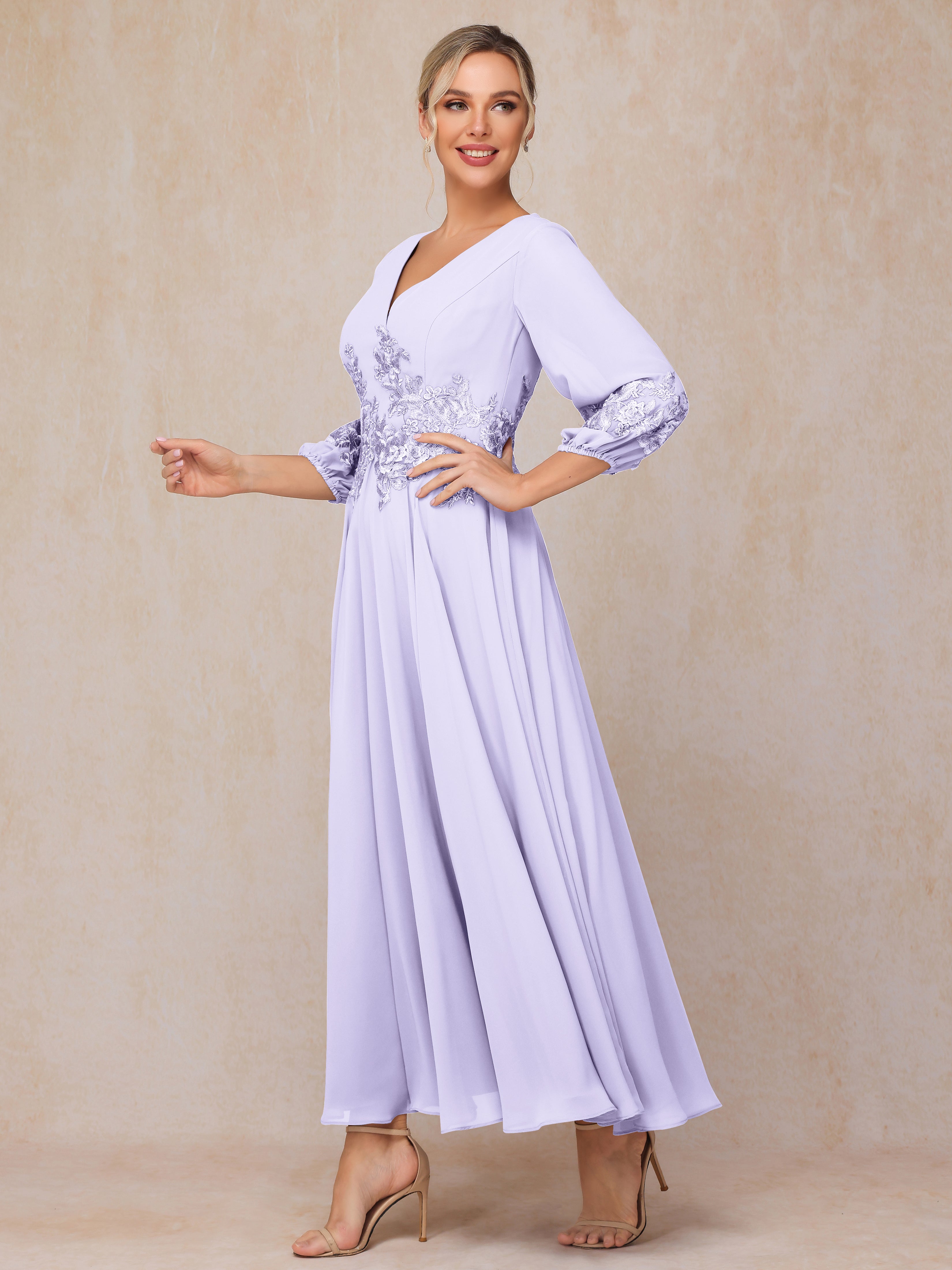 Long Sleeves Appliques Ankle Length Chiffon Wedding Guest Dresses