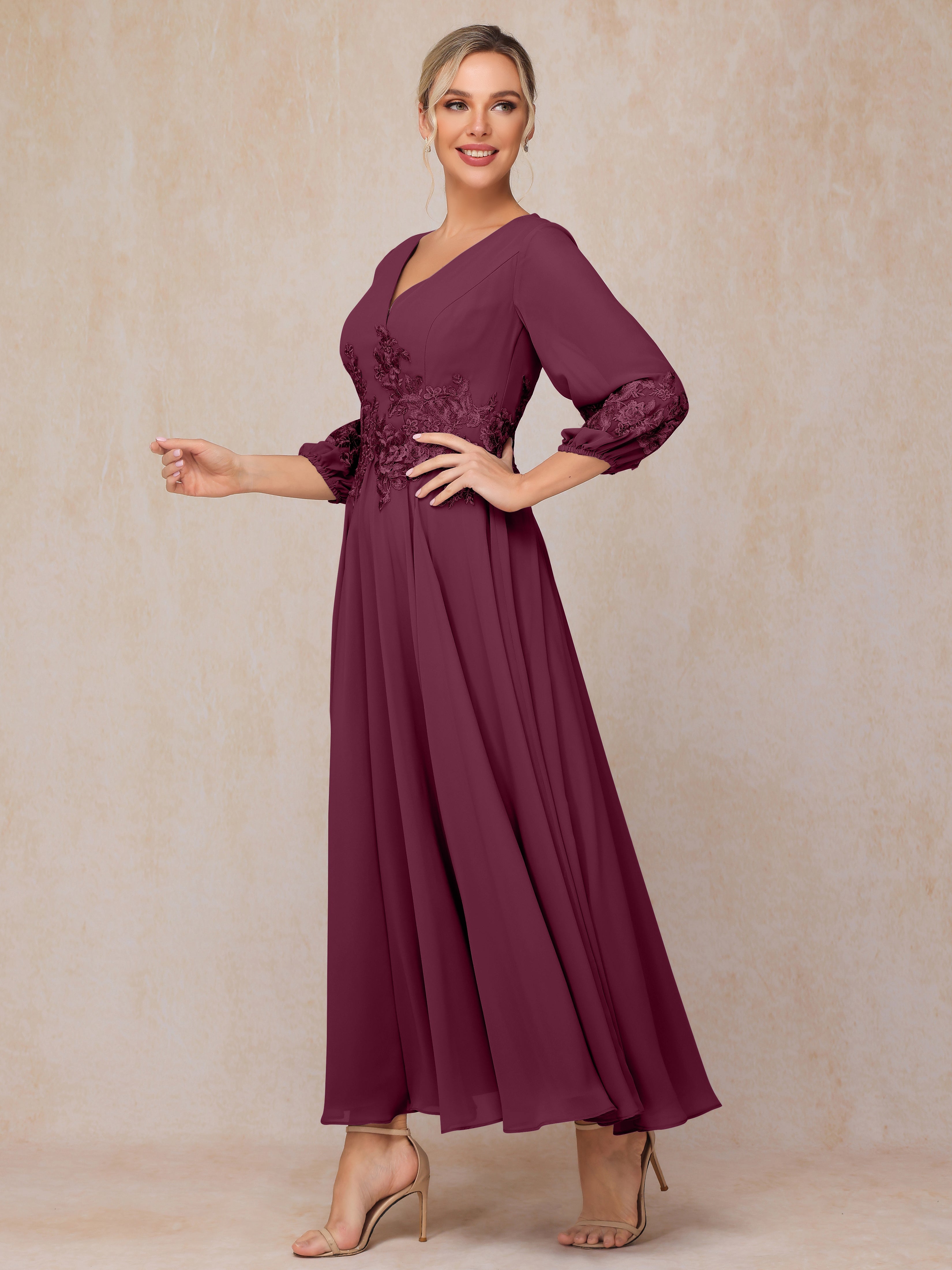 Long Sleeves Appliques Ankle Length Chiffon Mother Of The  Groom Dress