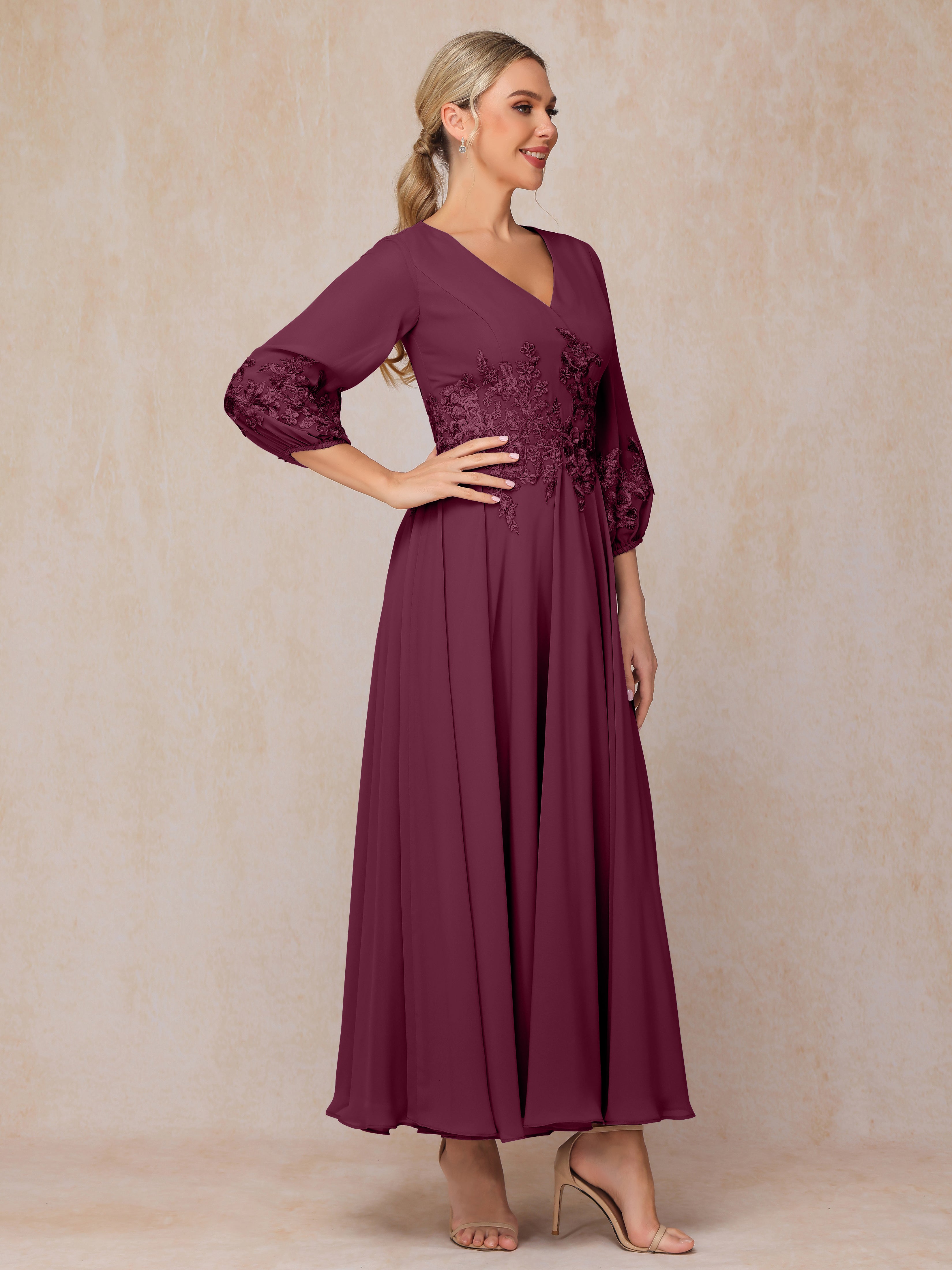 Long Sleeves Appliques Ankle Length Chiffon Mother Of The Bride Dress