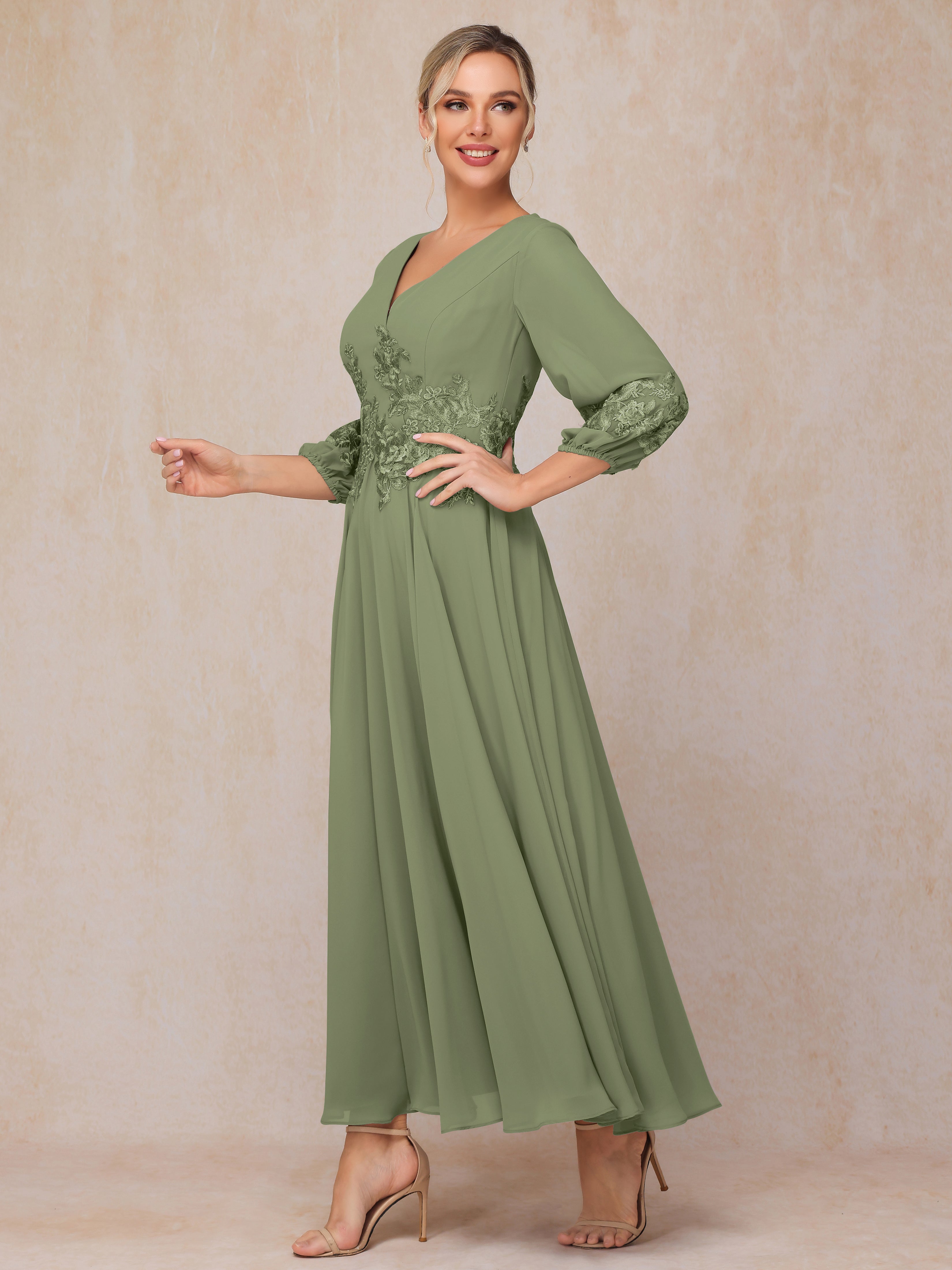 Long Sleeves Appliques Ankle Length Chiffon Mother Of The Bride Dress