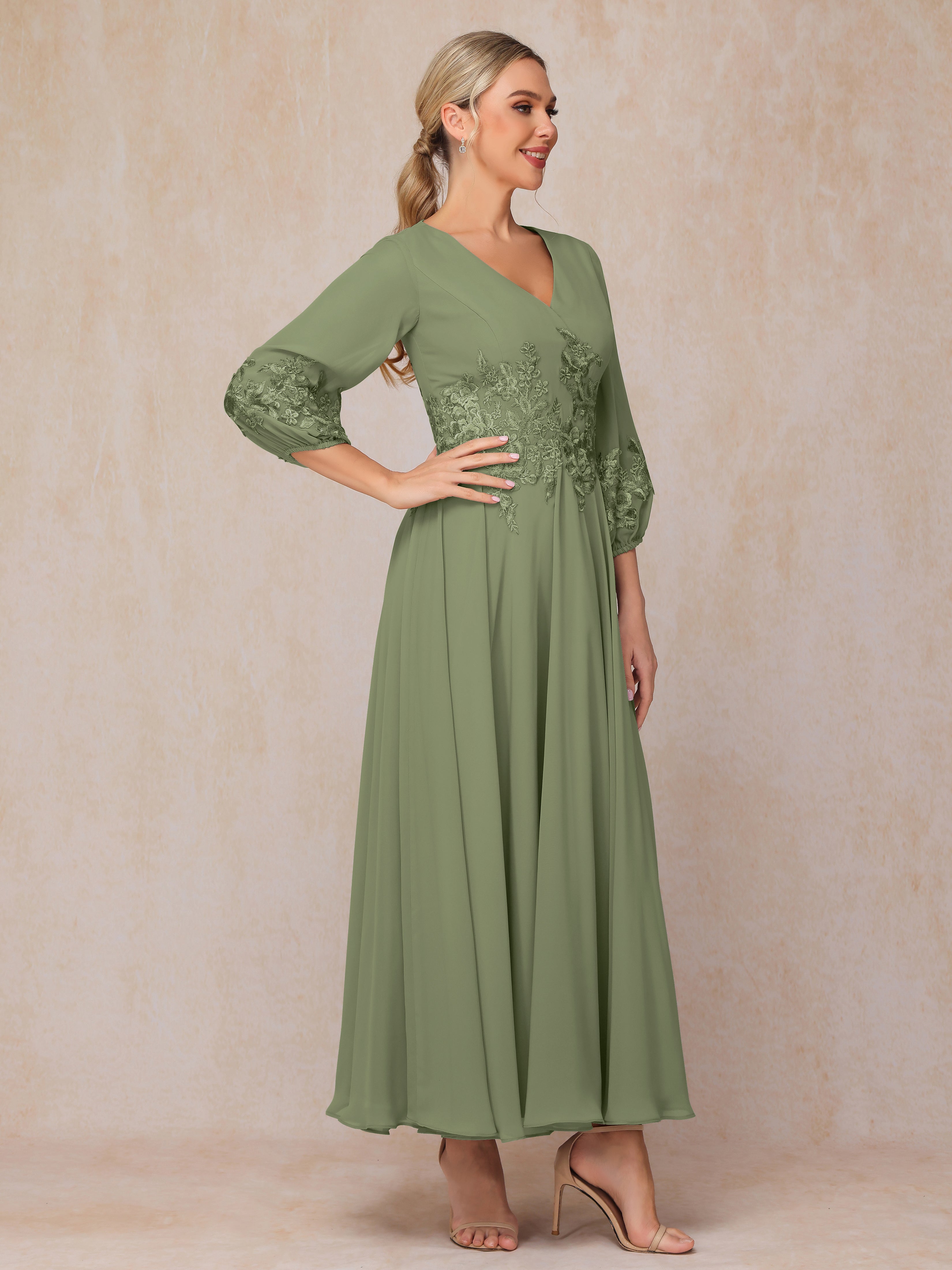 Long Sleeves Appliques Ankle Length Chiffon Mother Of The Bride Dress