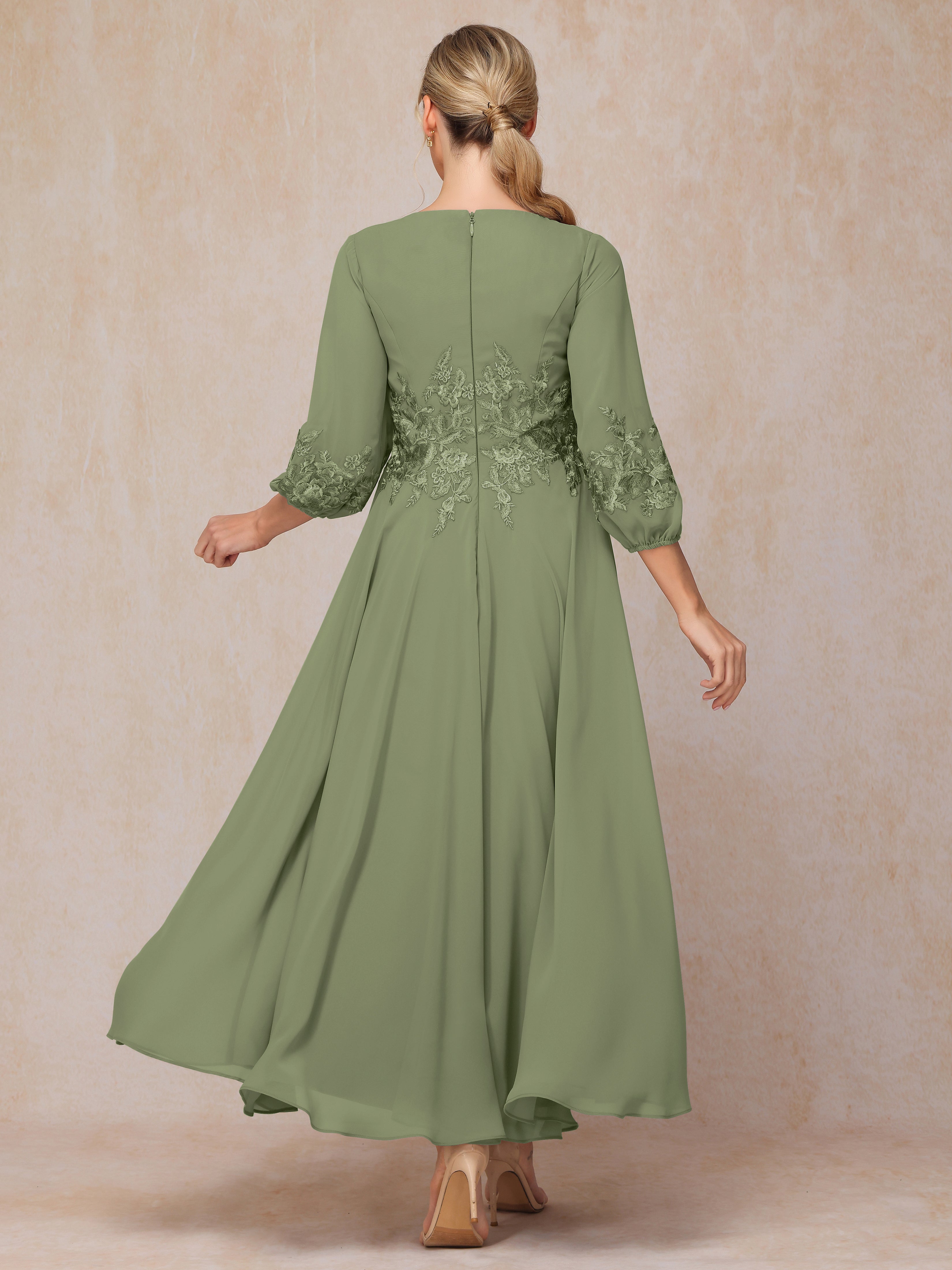 Long Sleeves Appliques Ankle Length Chiffon Wedding Guest Dresses