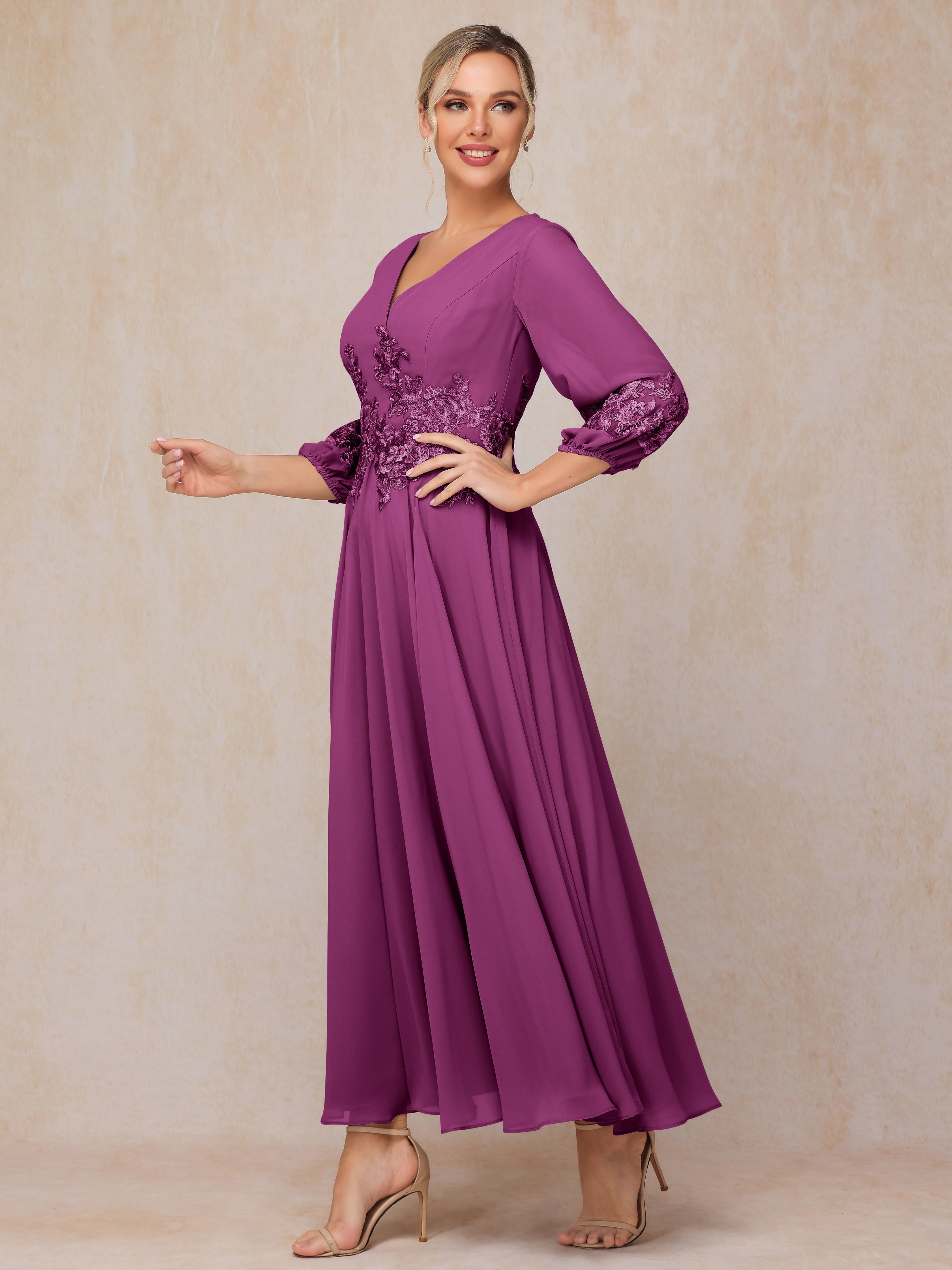 Long Sleeves Appliques Ankle Length Chiffon Mother Of The  Groom Dress