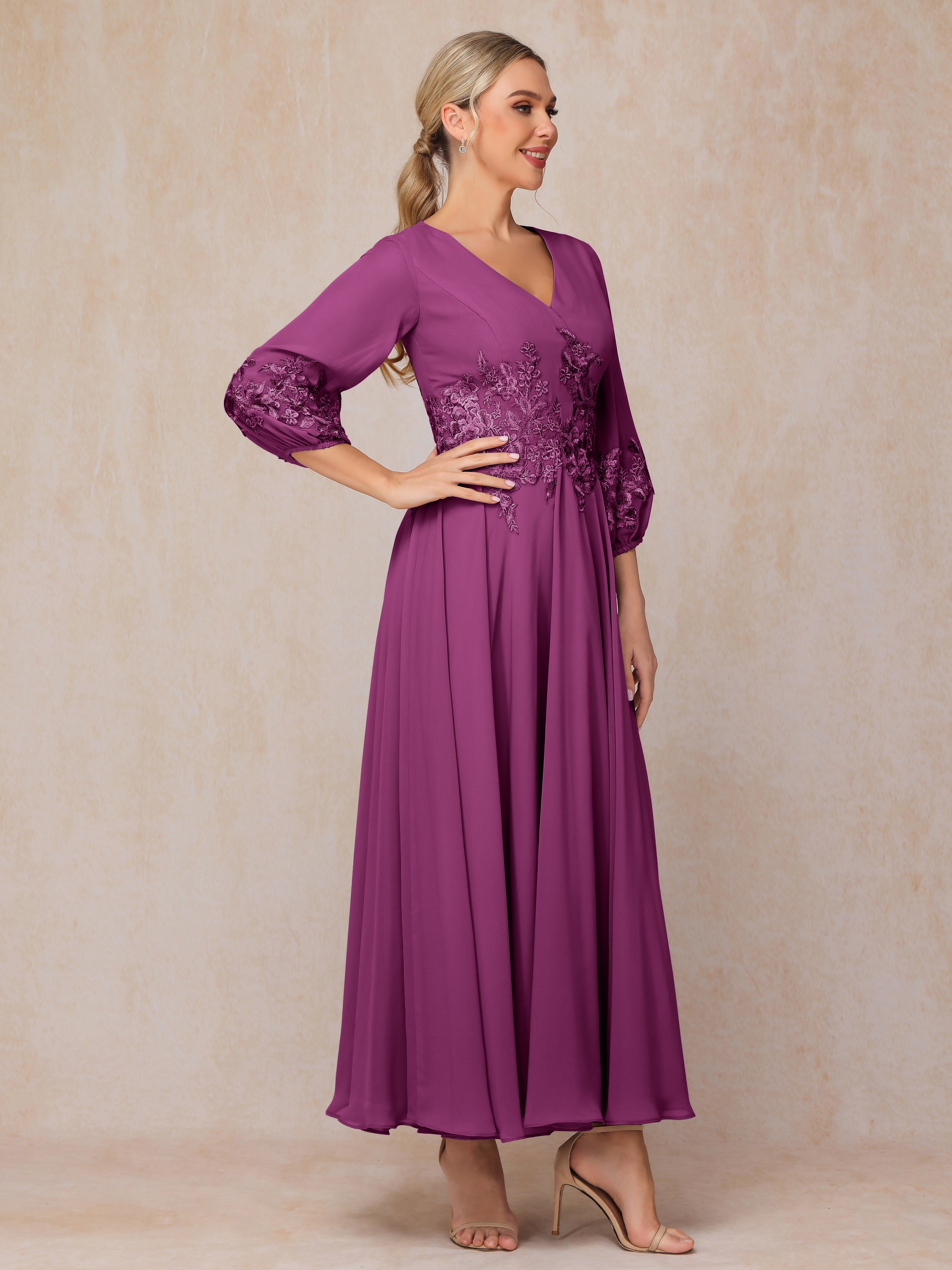 Long Sleeves Appliques Ankle Length Chiffon Wedding Guest Dresses