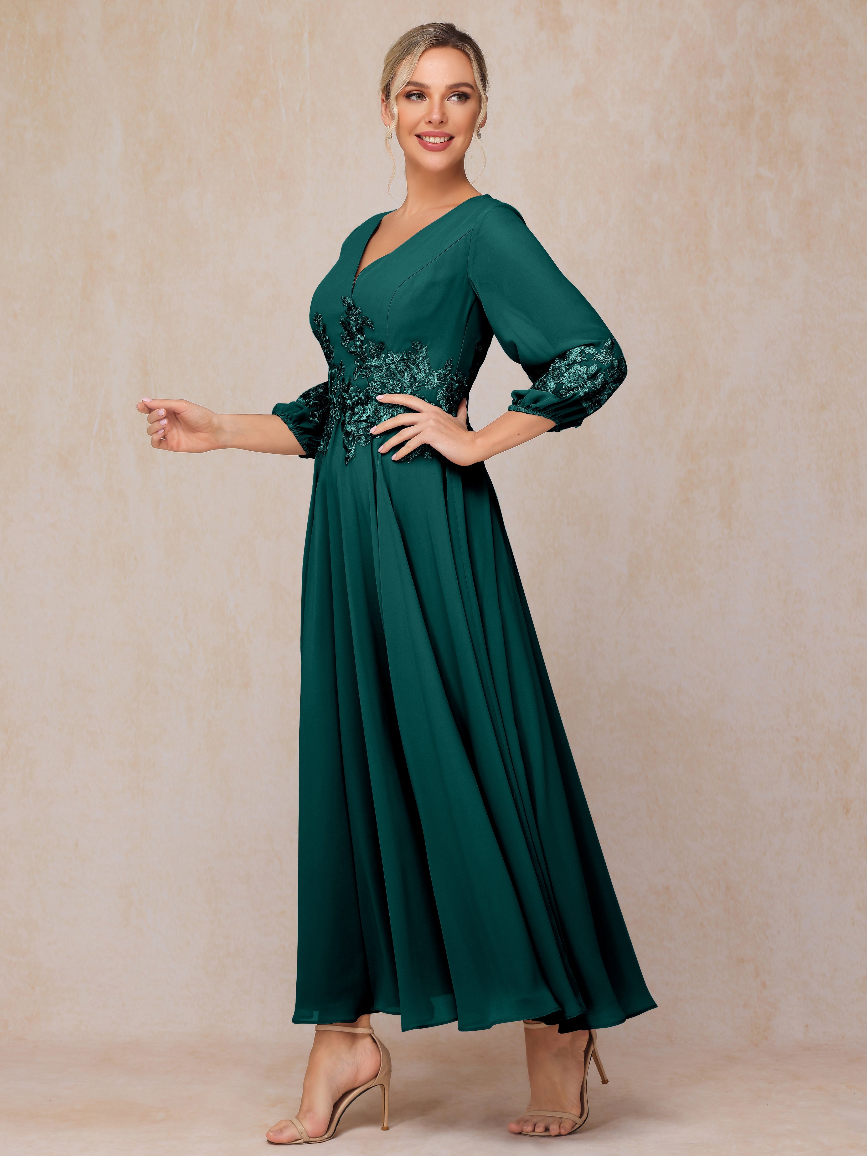 Long Sleeves Appliques Ankle Length Chiffon Wedding Guest Dresses