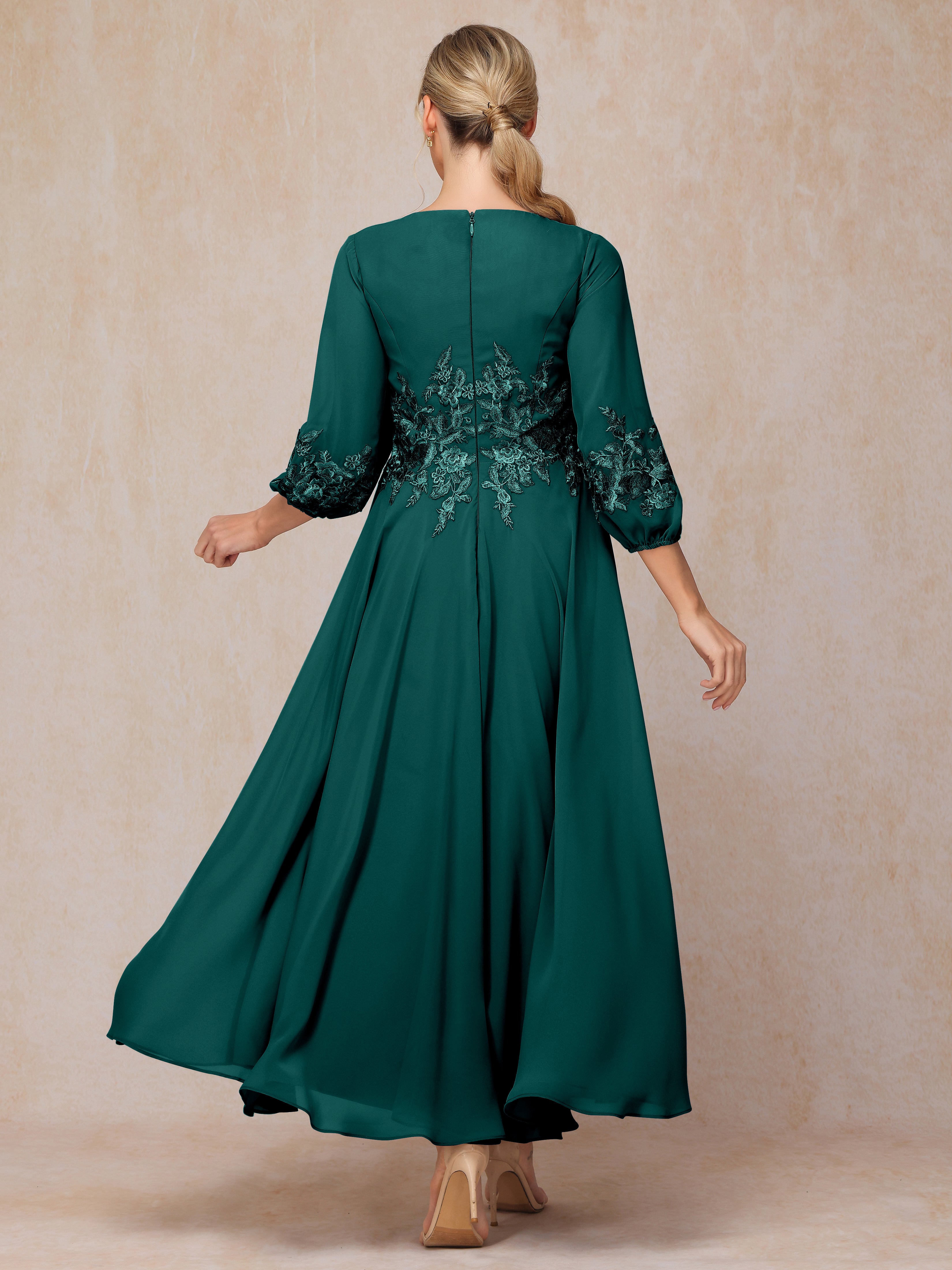 Long Sleeves Appliques Ankle Length Chiffon Mother Of The Bride Dress