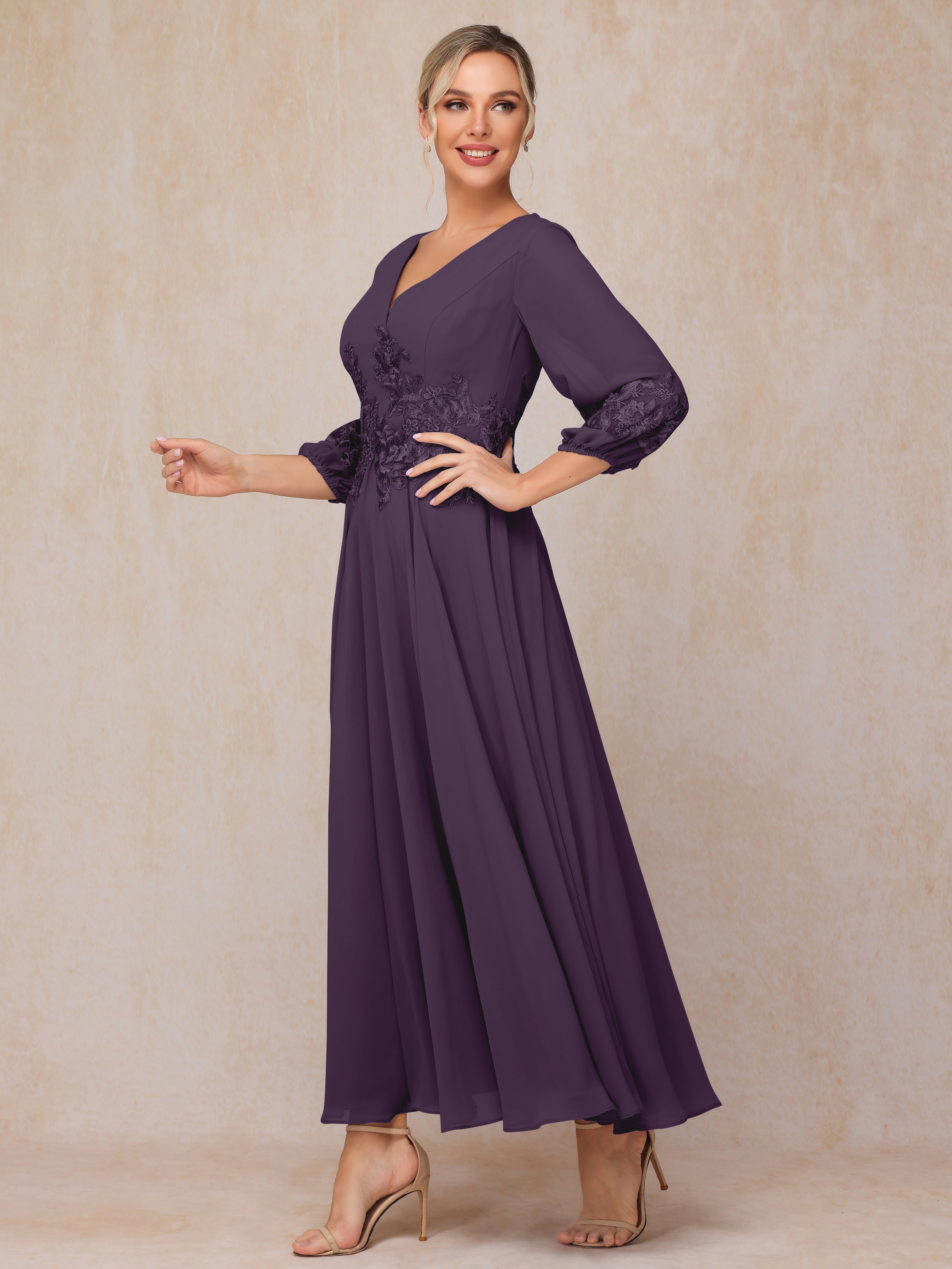 Long Sleeves Appliques Ankle Length Chiffon Wedding Guest Dresses