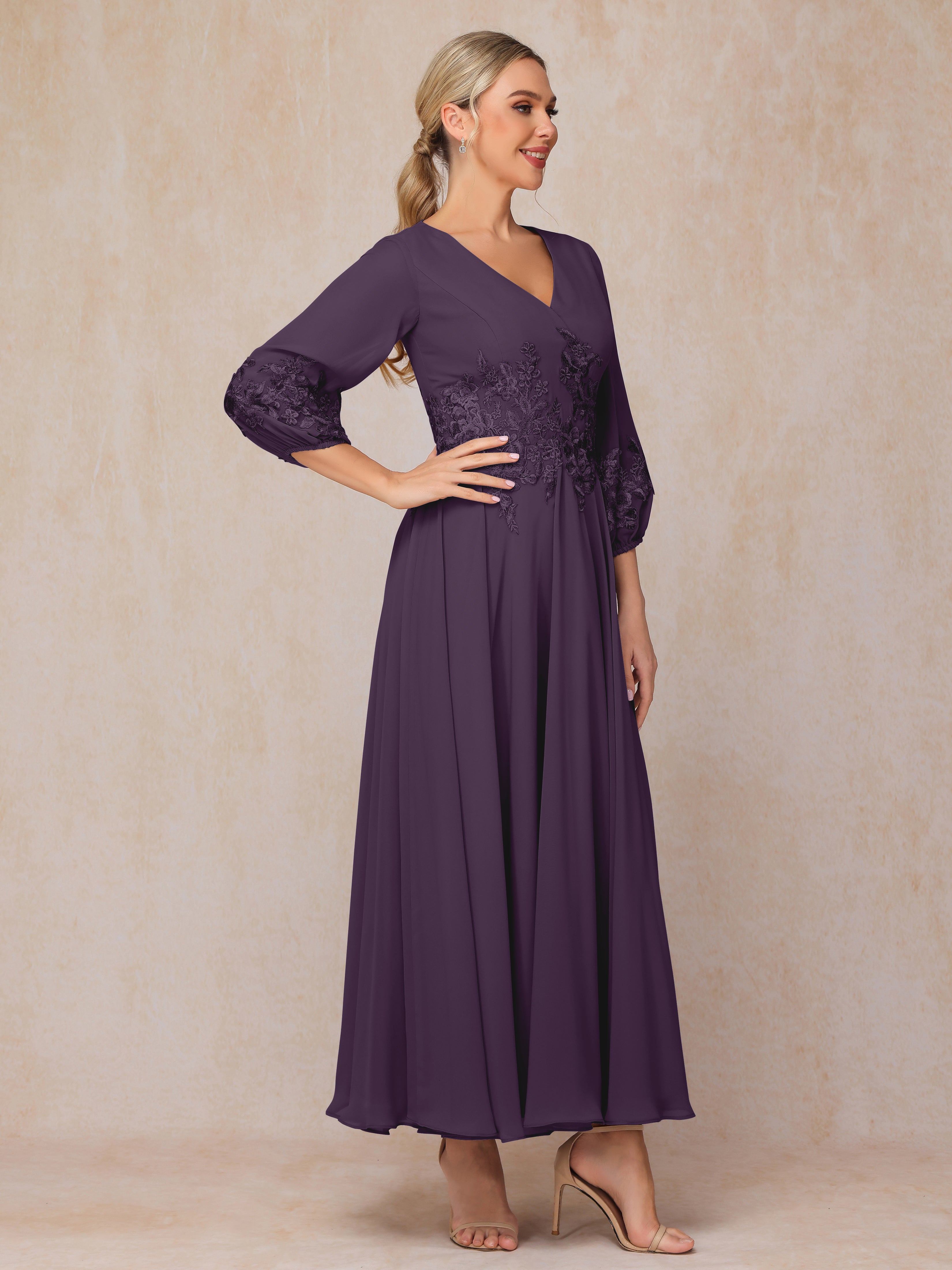 Long Sleeves Appliques Ankle Length Chiffon Mother Of The Bride Dress