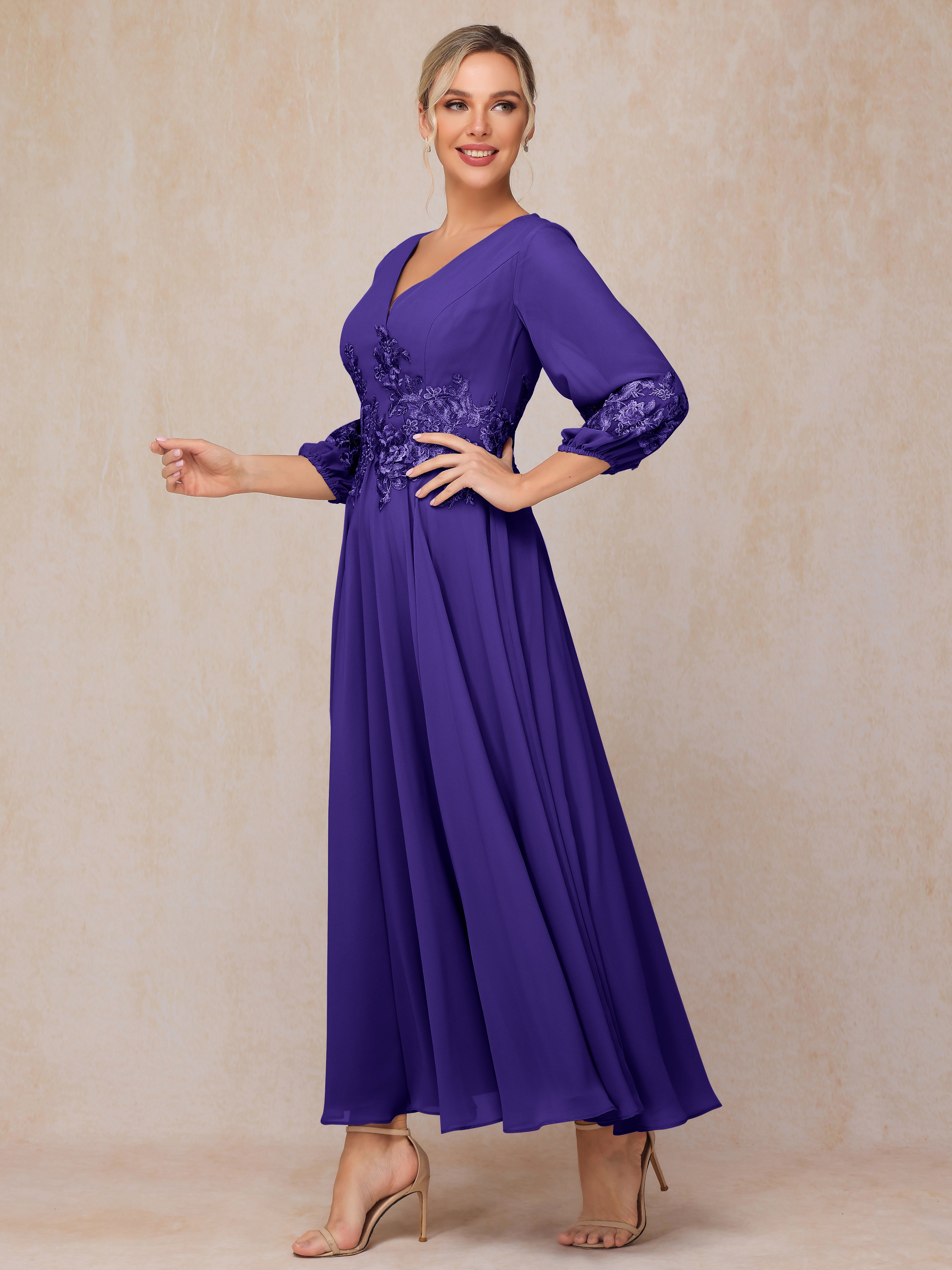 Long Sleeves Appliques Ankle Length Chiffon Mother Of The Bride Dress