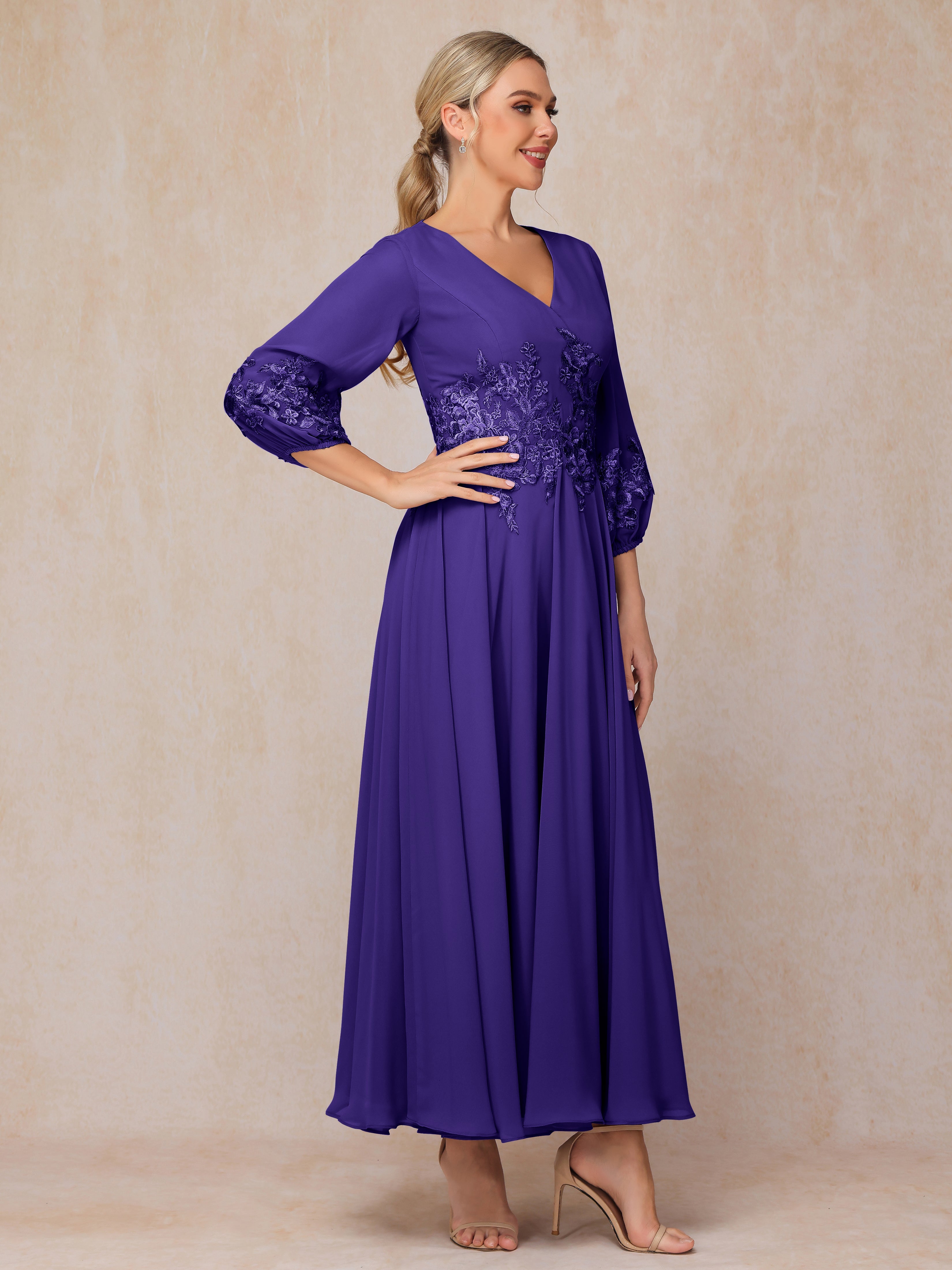 Long Sleeves Appliques Ankle Length Chiffon Wedding Guest Dresses