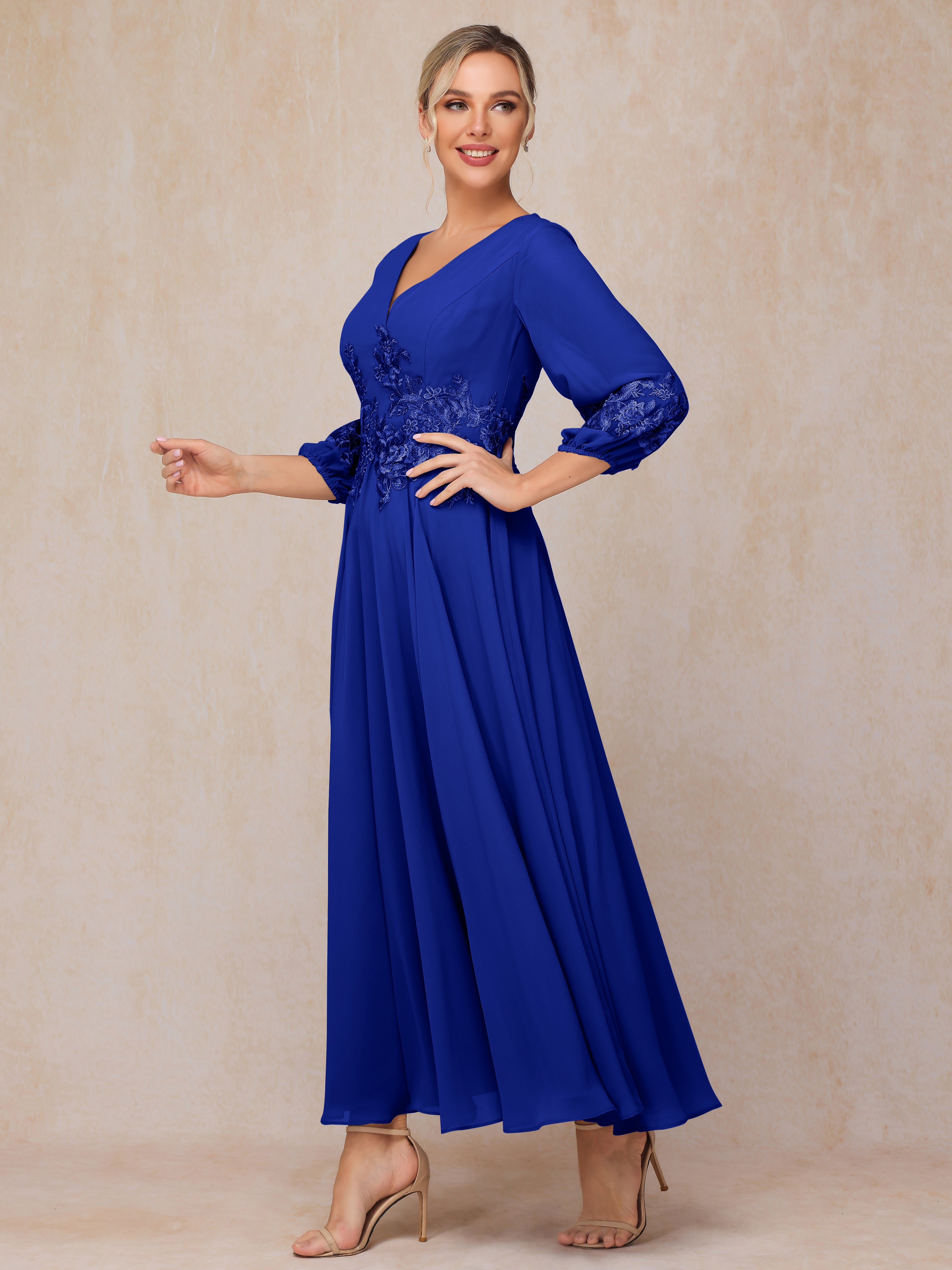 Long Sleeves Appliques Ankle Length Chiffon Mother Of The Bride Dress