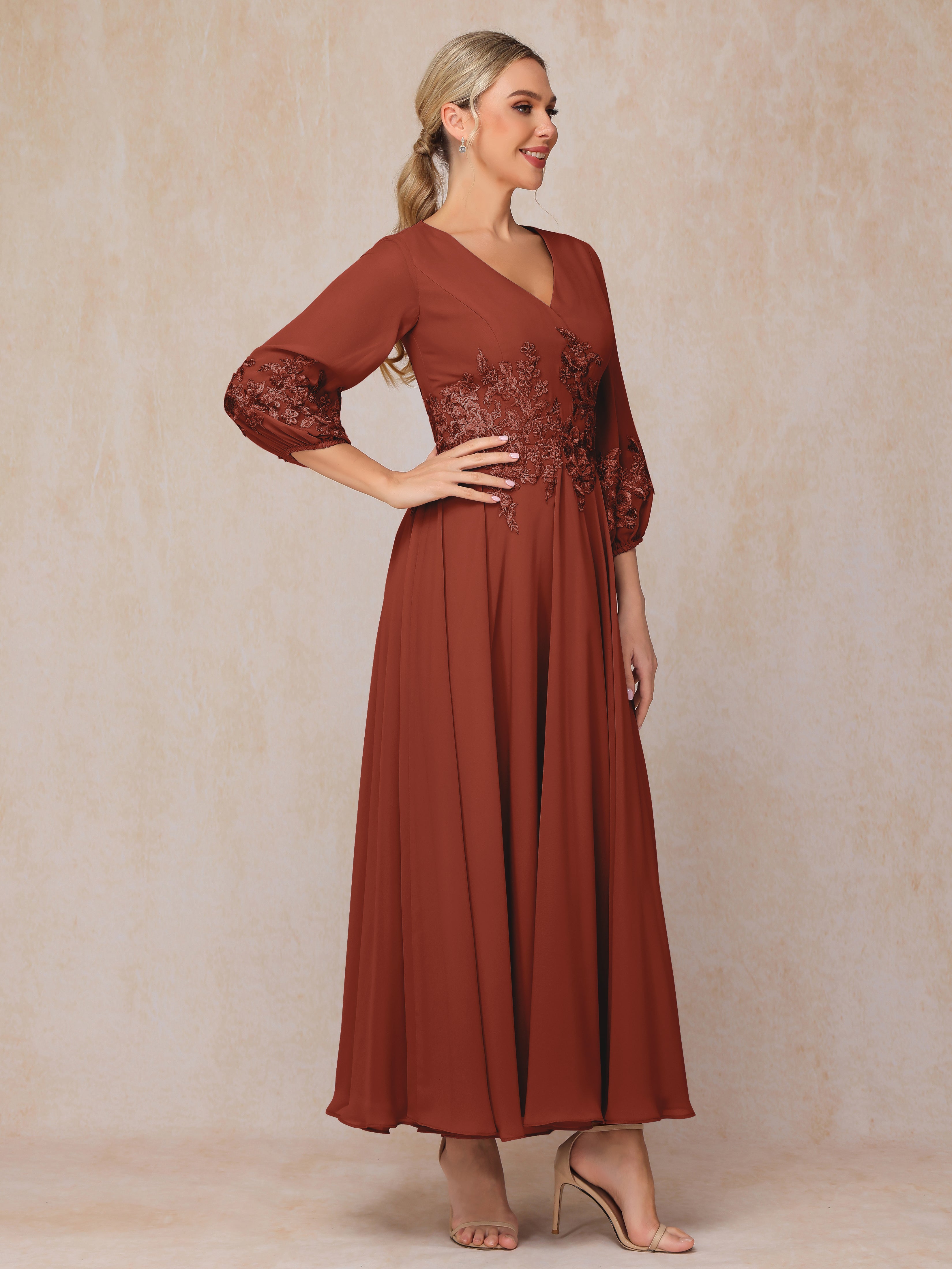 Long Sleeves Appliques Ankle Length Chiffon Mother Of The  Groom Dress