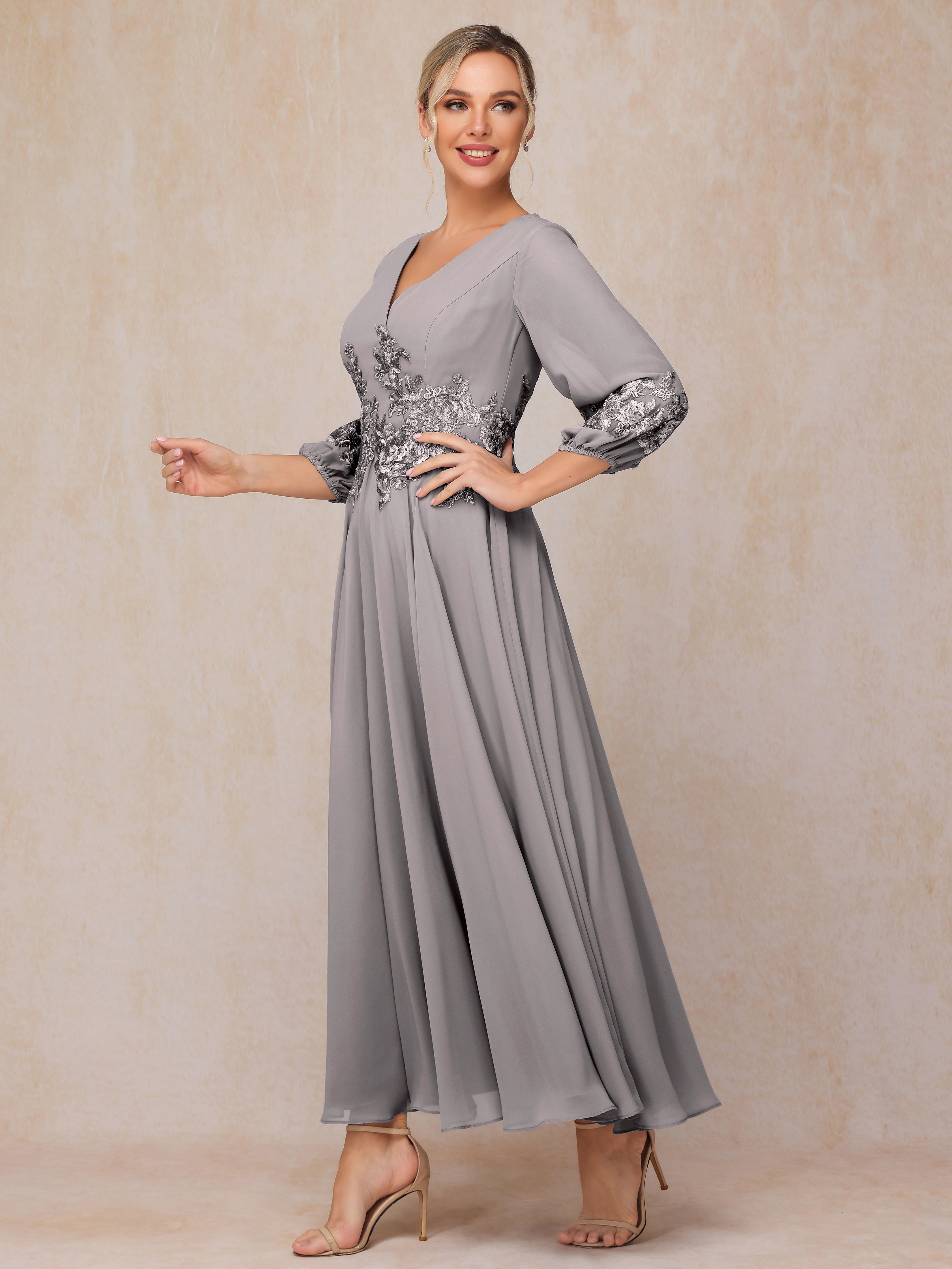 Long Sleeves Appliques Ankle Length Chiffon Mother Of The Bride Dress