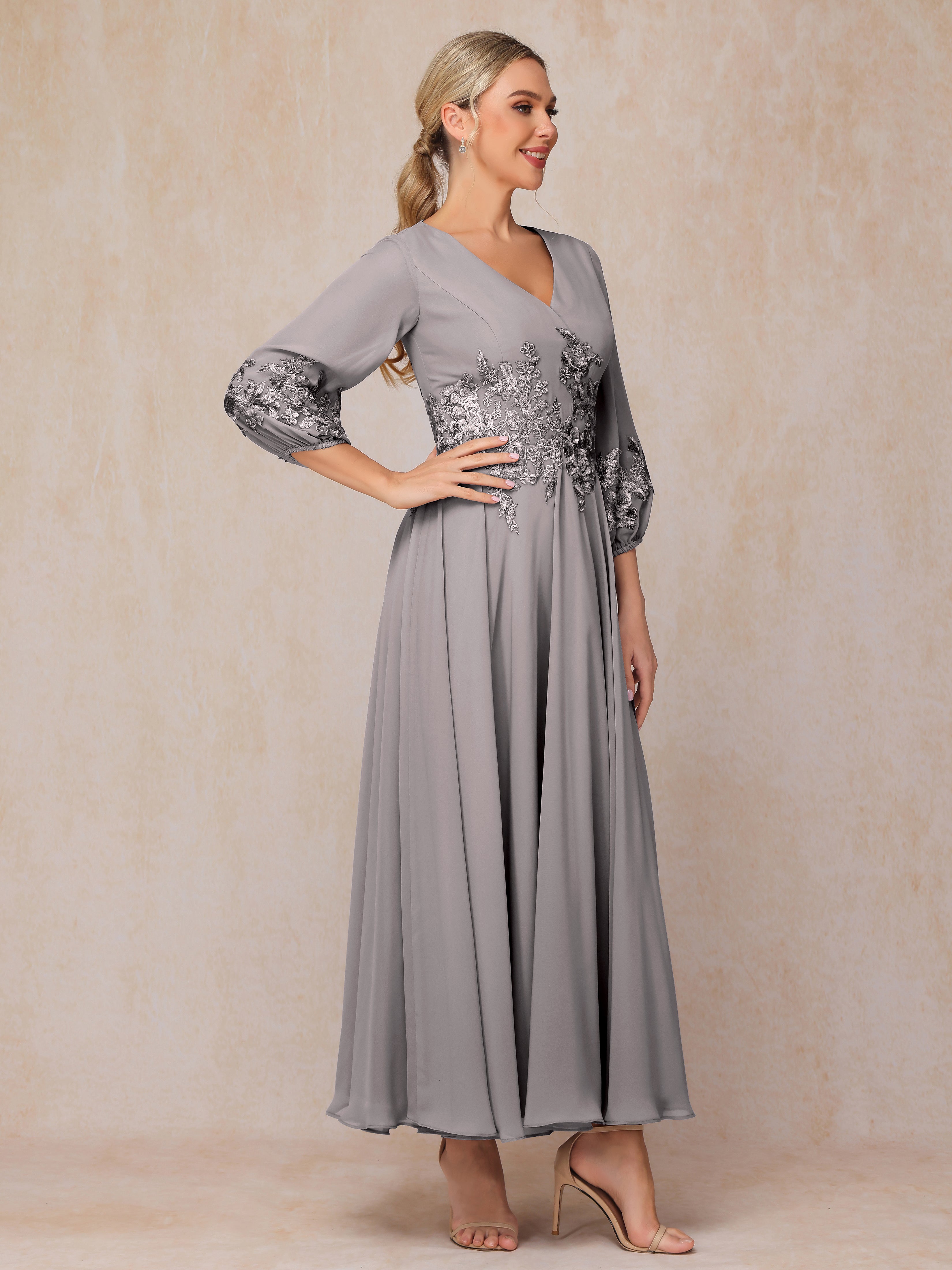 Long Sleeves Appliques Ankle Length Chiffon Mother Of The Bride Dress