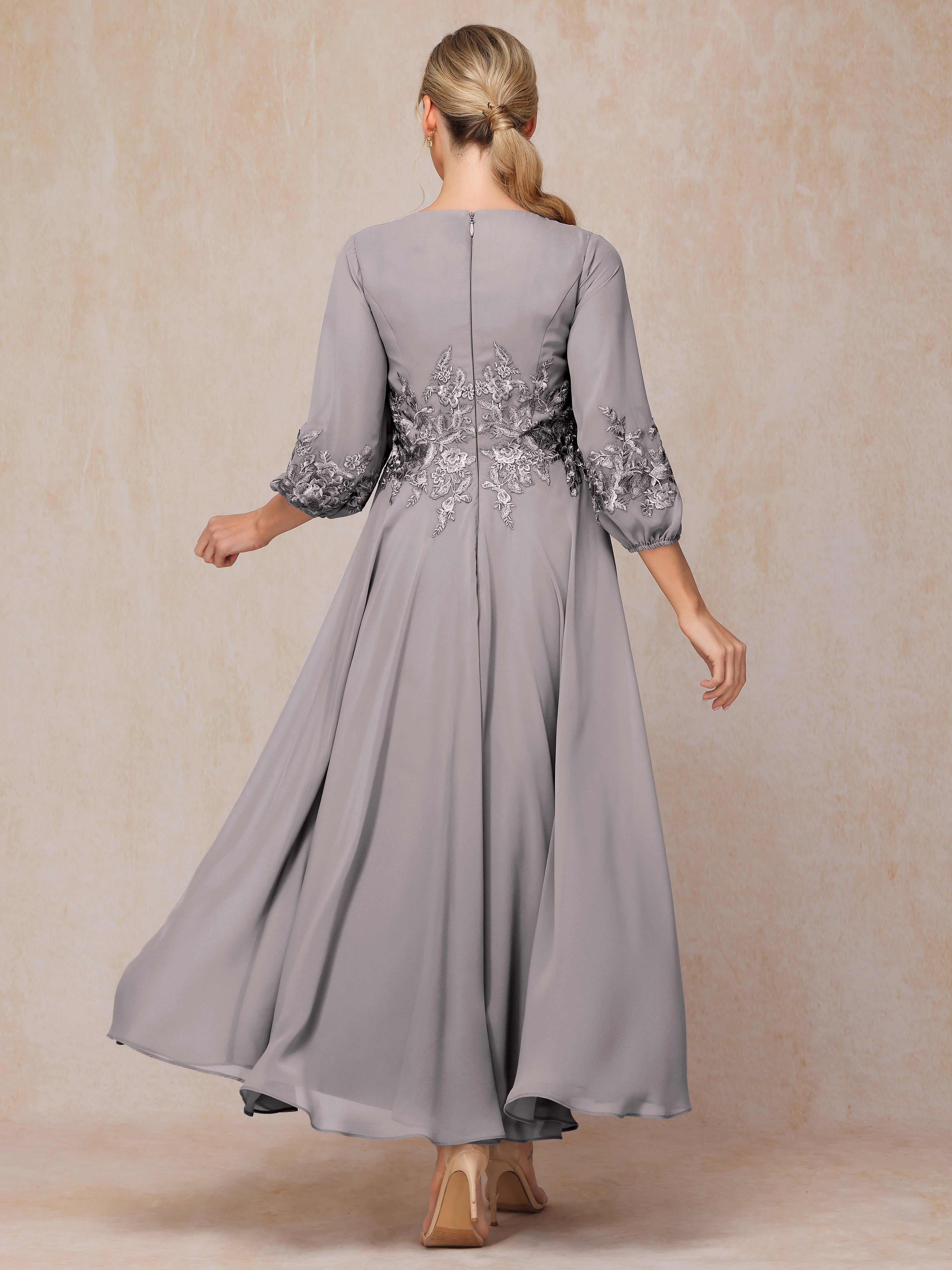 Long Sleeves Appliques Ankle Length Chiffon Mother Of The Bride Dress