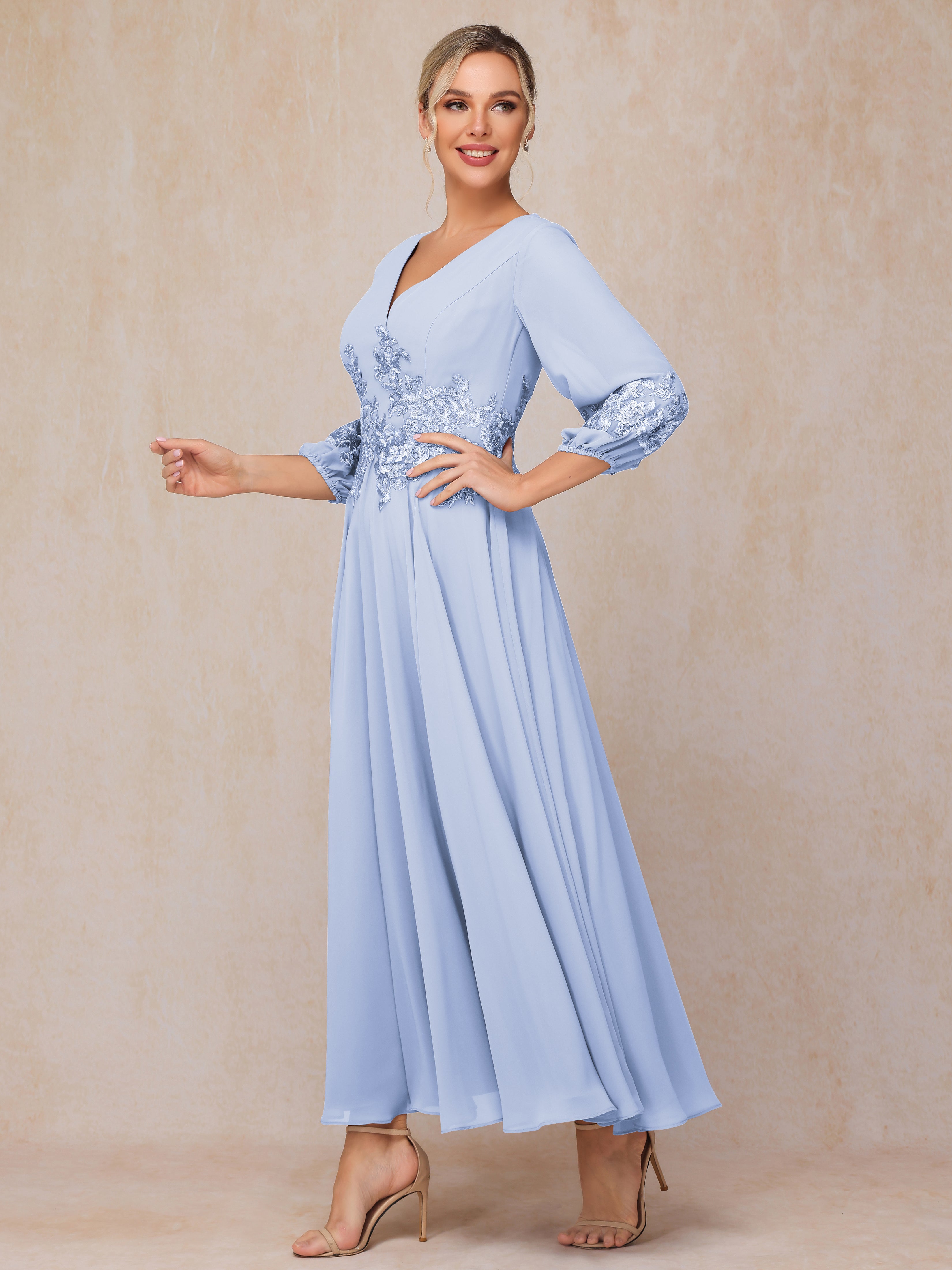 Long Sleeves Appliques Ankle Length Chiffon Mother Of The Bride Dress