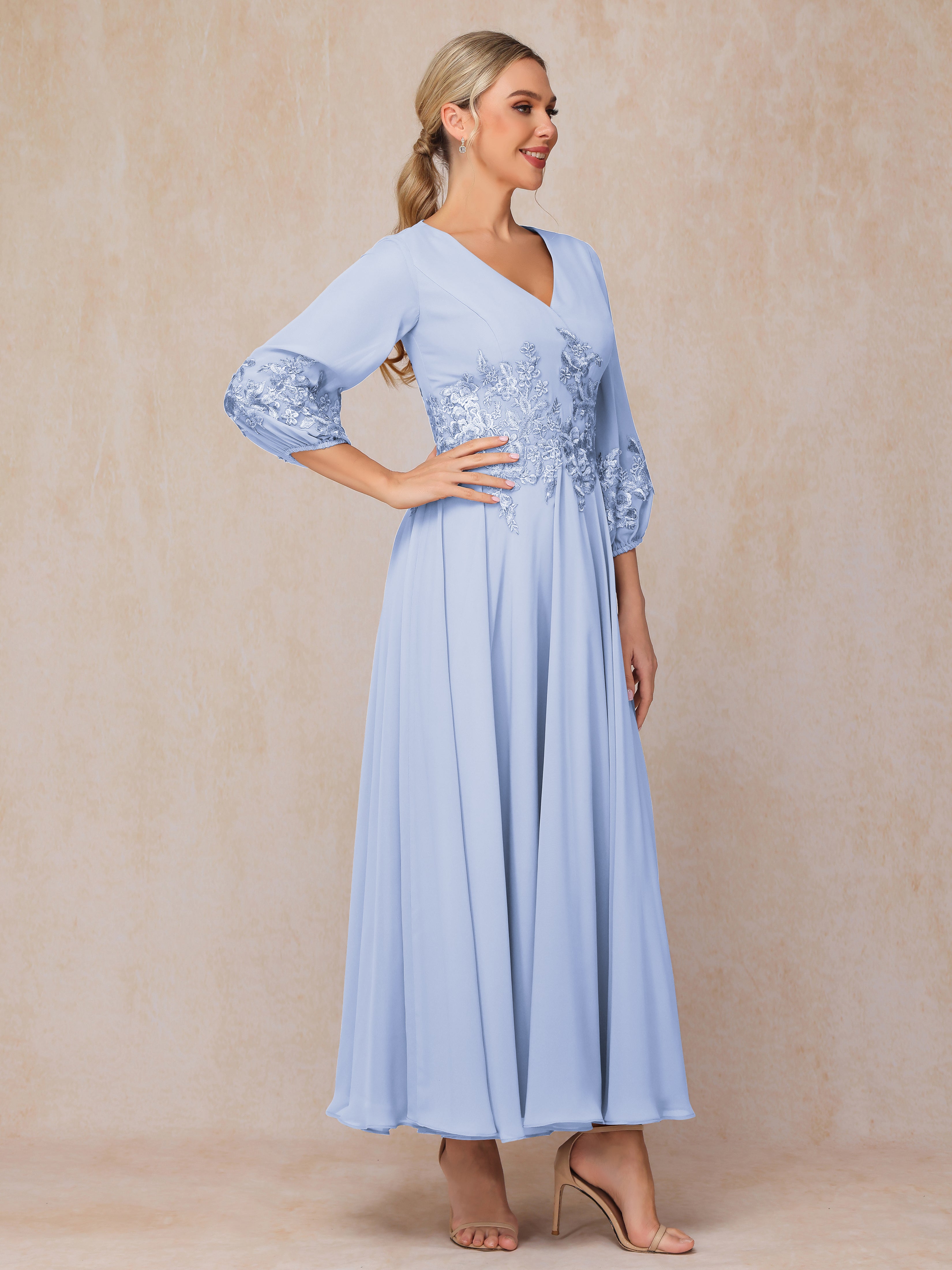 Long Sleeves Appliques Ankle Length Chiffon Mother Of The Bride Dress