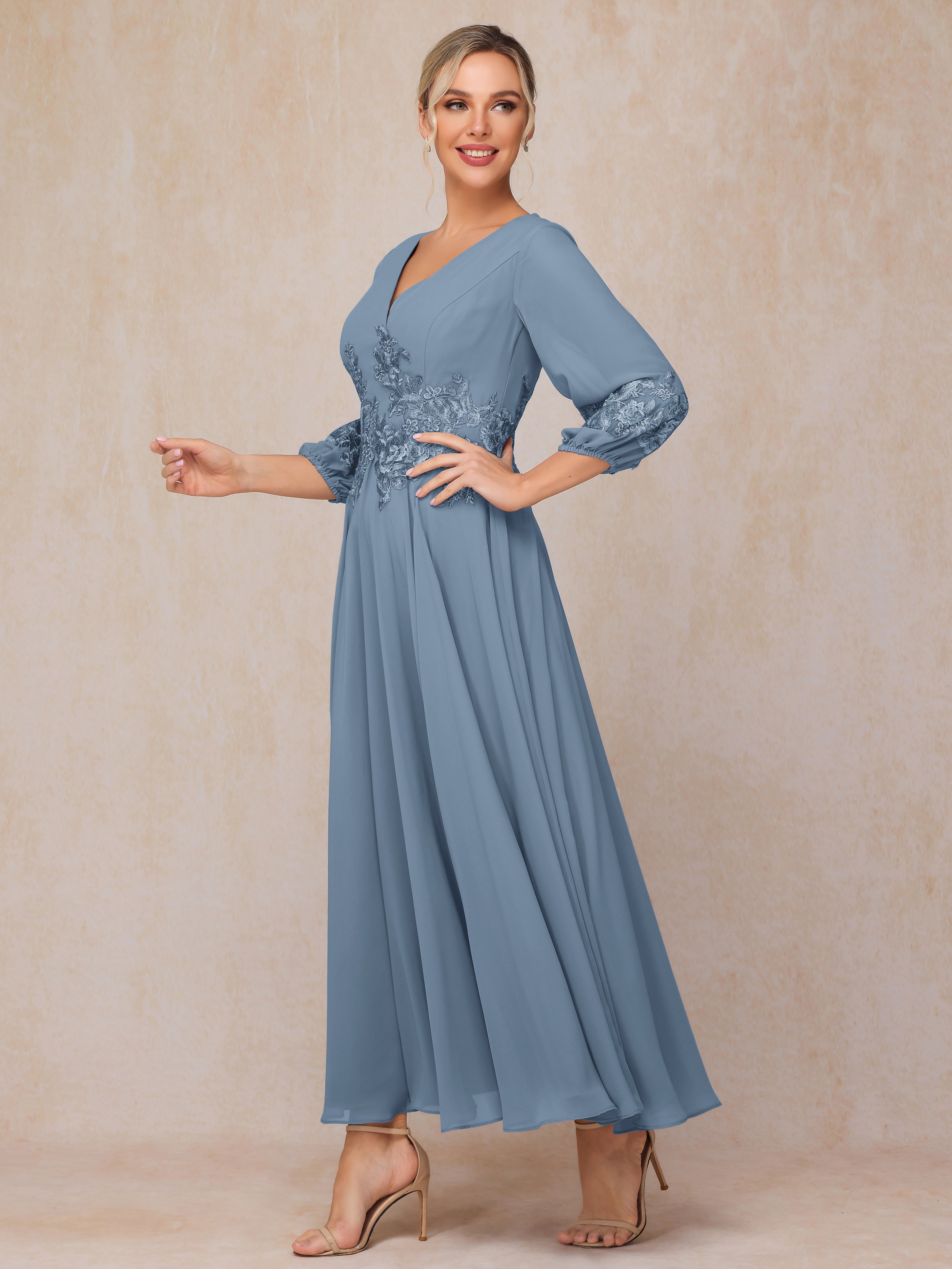 Long Sleeves Appliques Ankle Length Chiffon Wedding Guest Dresses