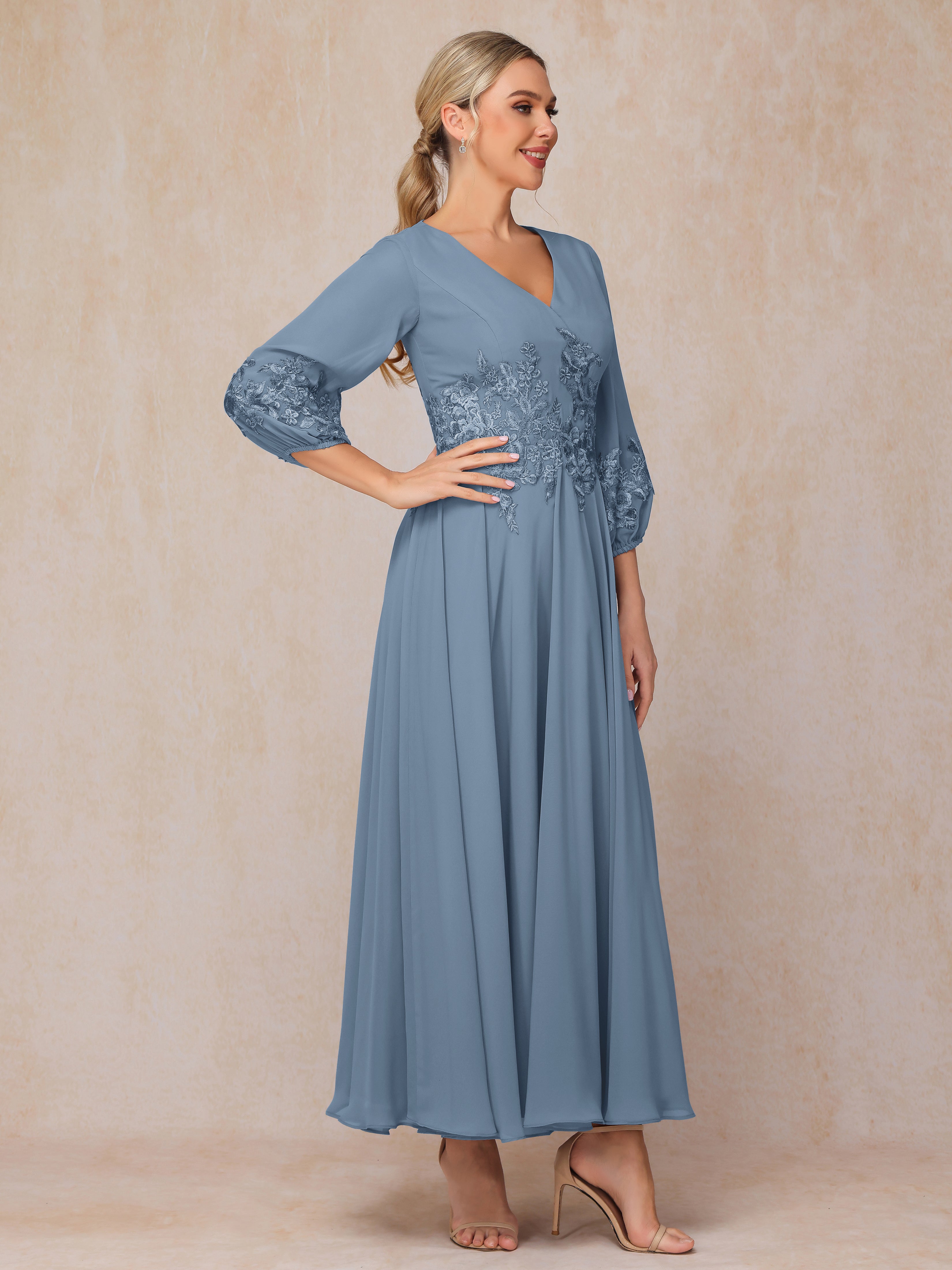 Long Sleeves Appliques Ankle Length Chiffon Wedding Guest Dresses