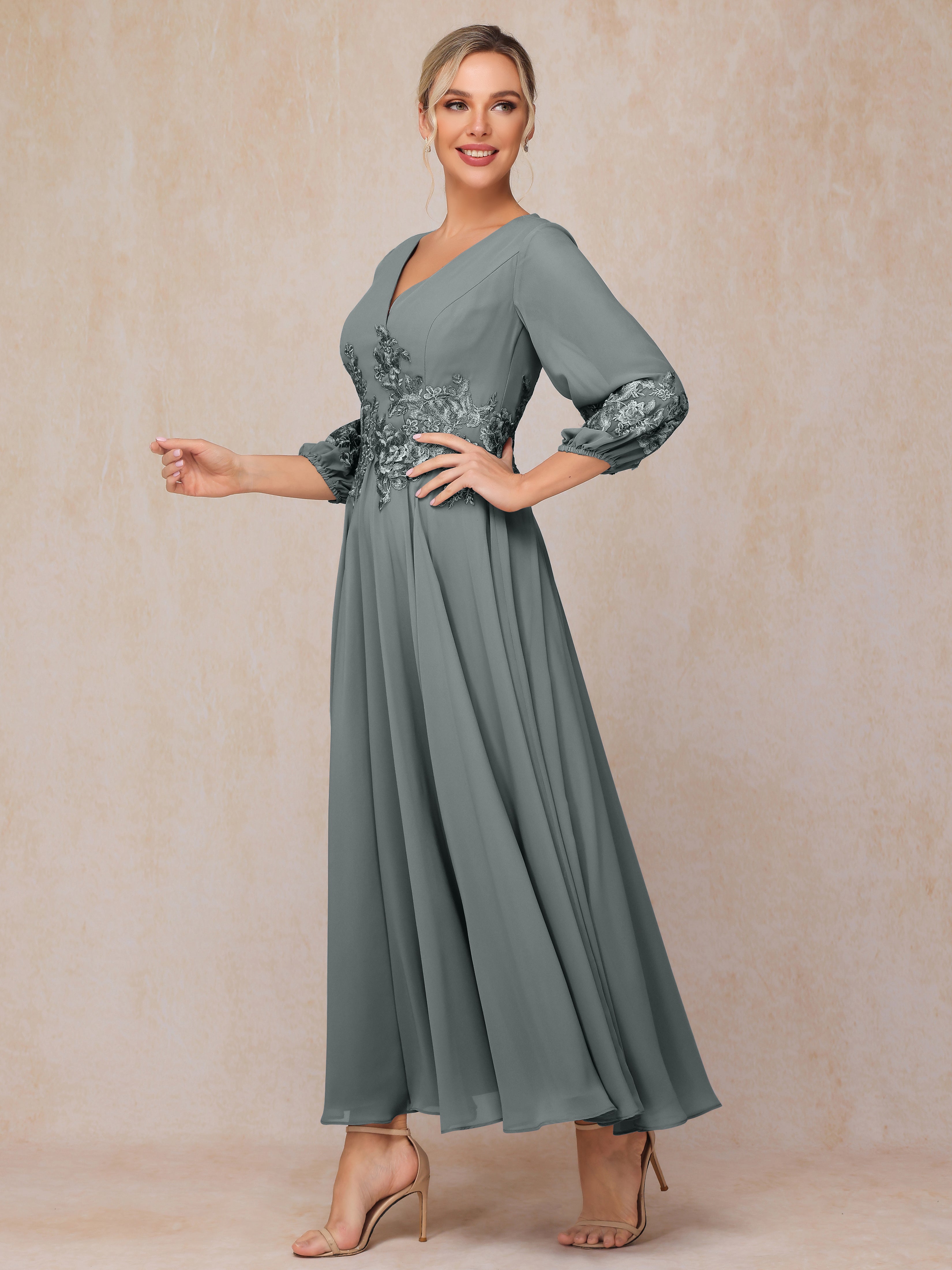 Long Sleeves Appliques Ankle Length Chiffon Mother Of The Bride Dress