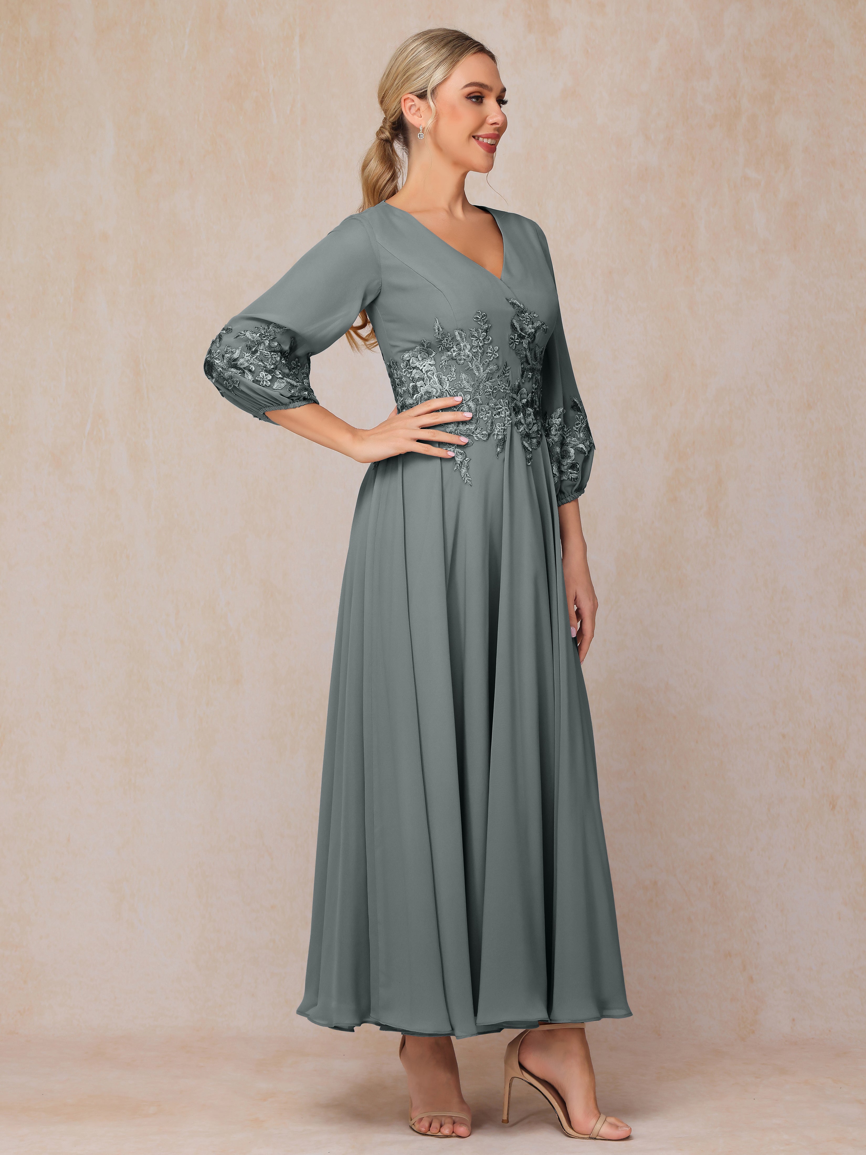 Long Sleeves Appliques Ankle Length Chiffon Mother Of The  Groom Dress