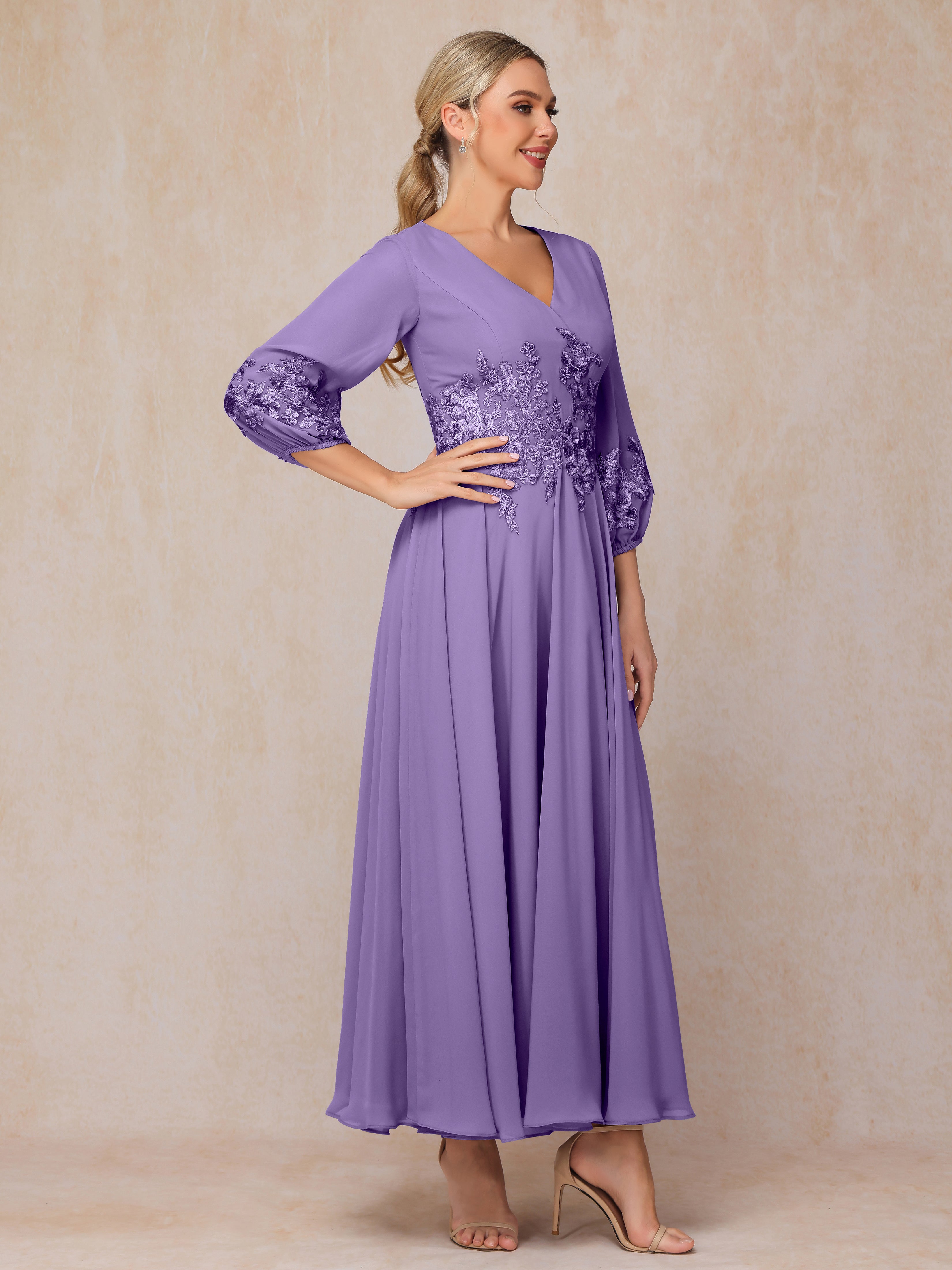 Long Sleeves Appliques Ankle Length Chiffon Mother Of The Bride Dress