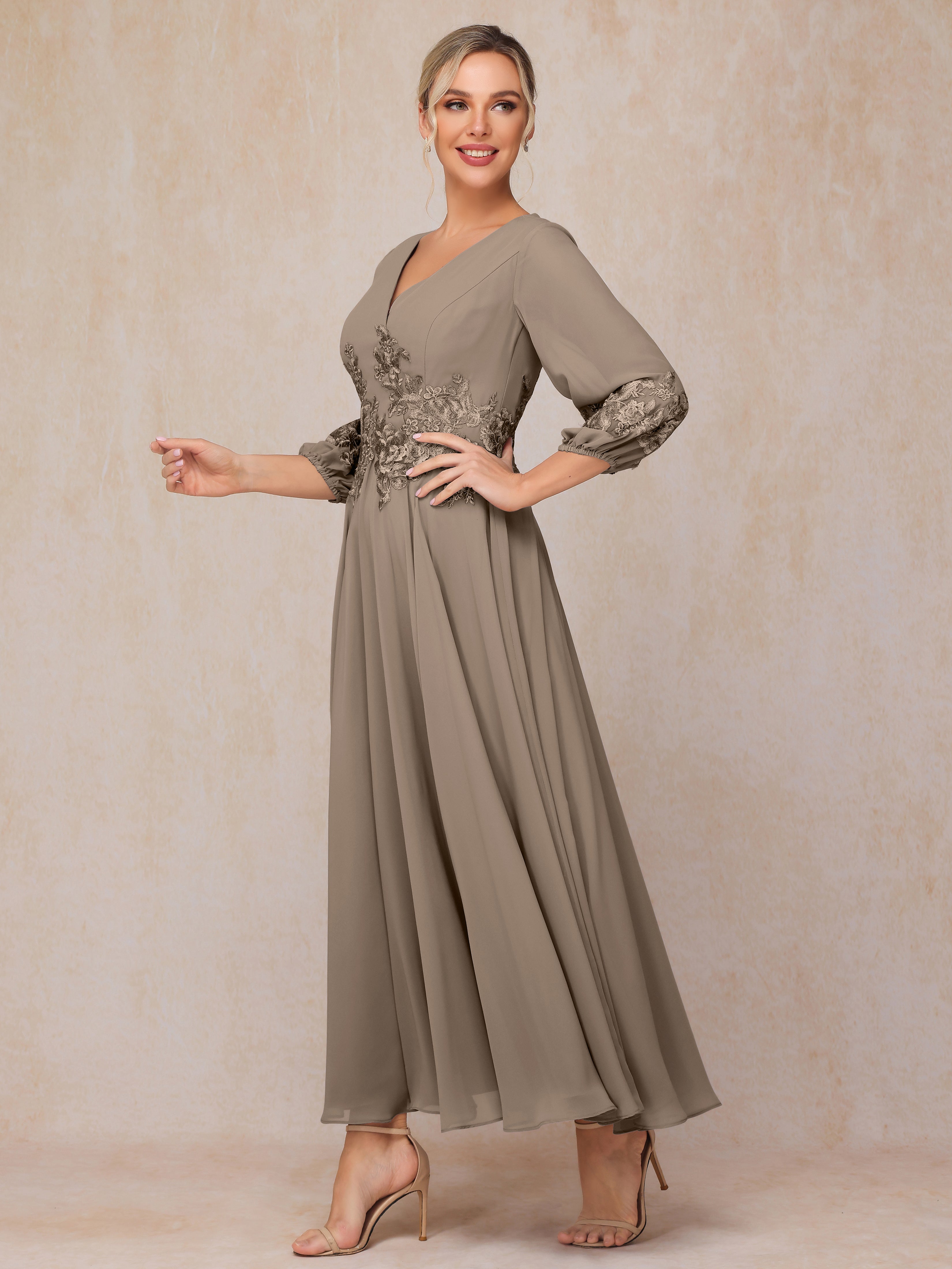 Long Sleeves Appliques Ankle Length Chiffon Mother Of The Bride Dress