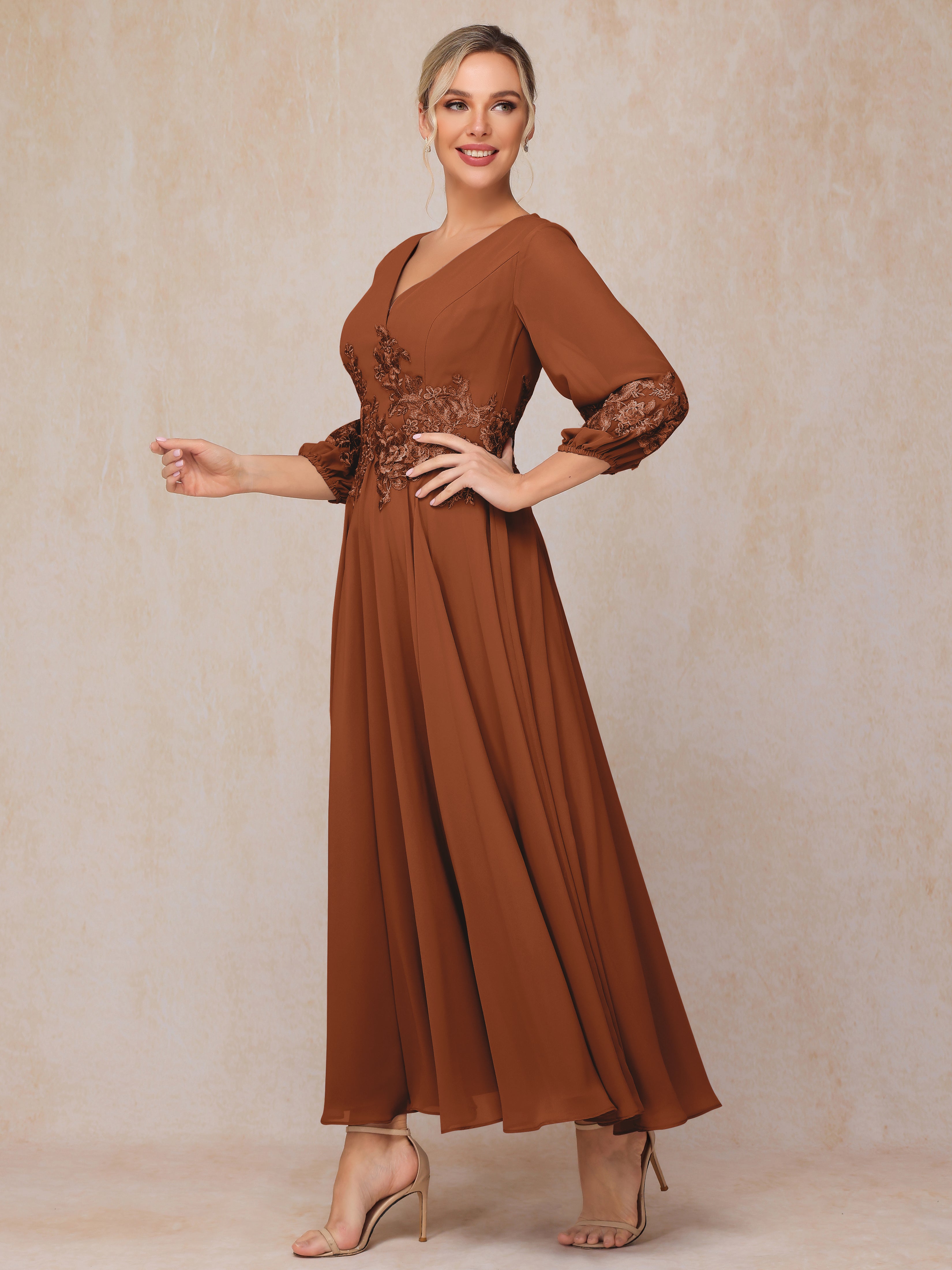 Long Sleeves Appliques Ankle Length Chiffon Mother Of The Bride Dress