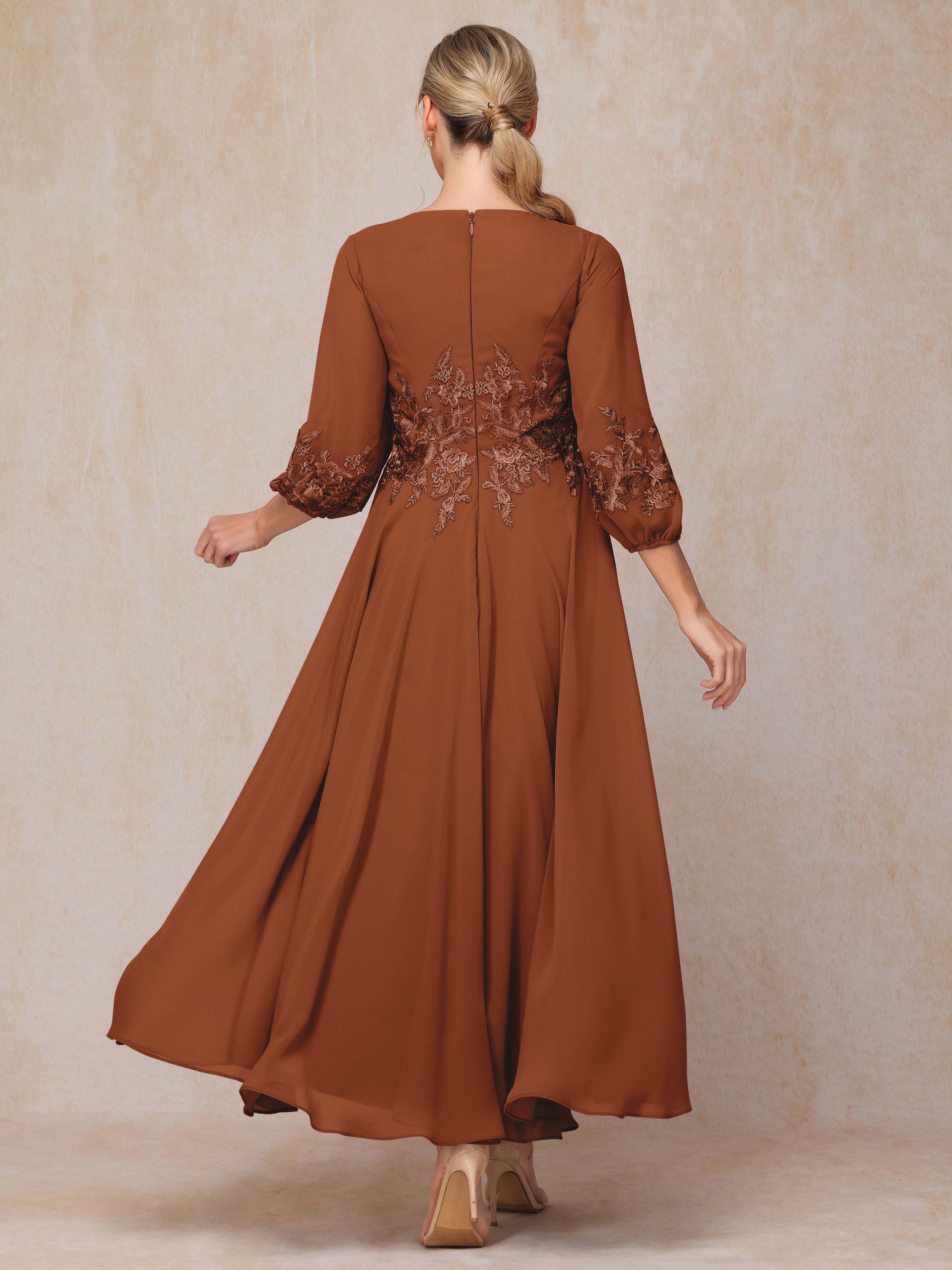 Long Sleeves Appliques Ankle Length Chiffon Wedding Guest Dresses