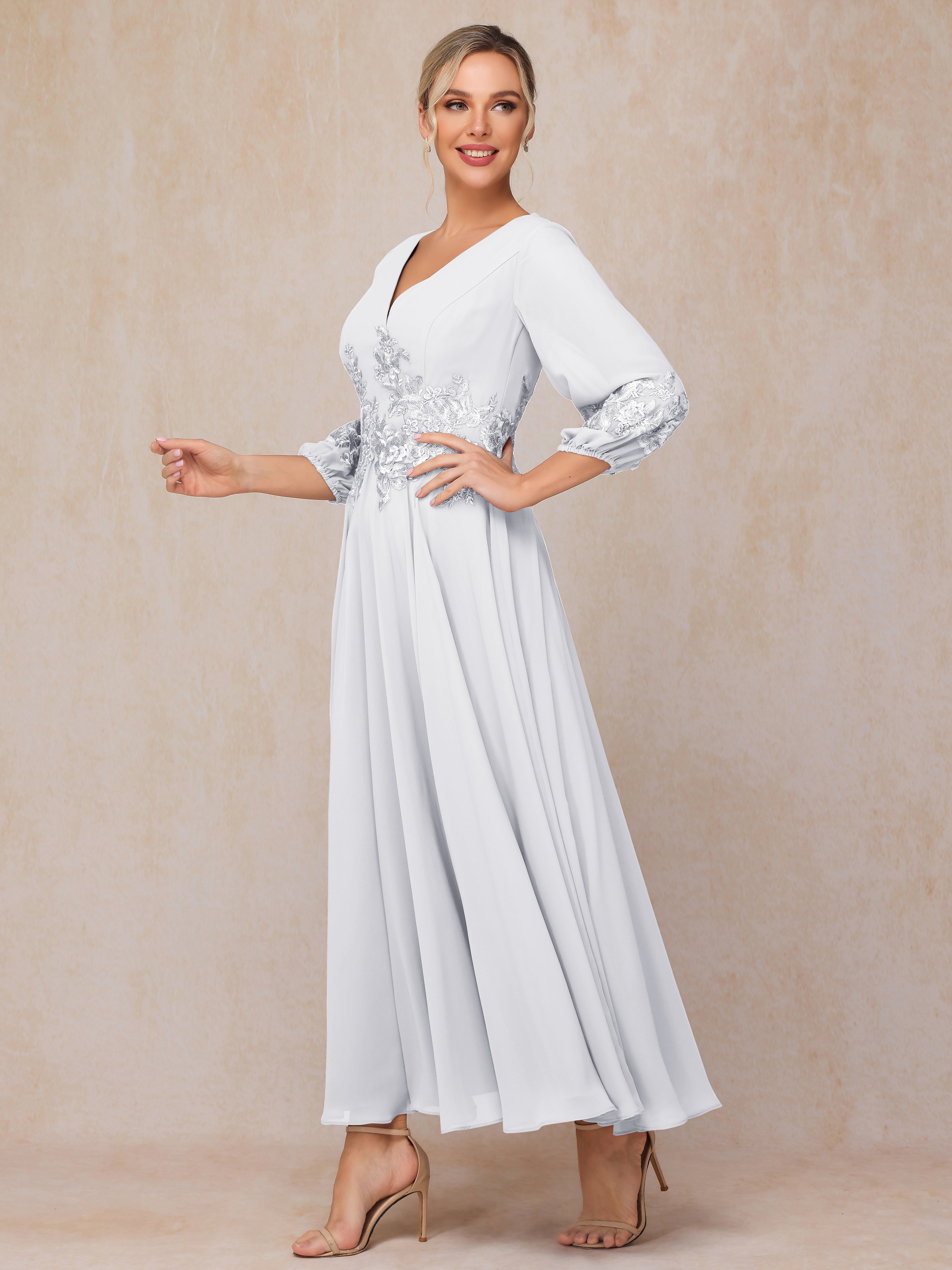 Long Sleeves Appliques Ankle Length Chiffon Mother Of The Bride Dress