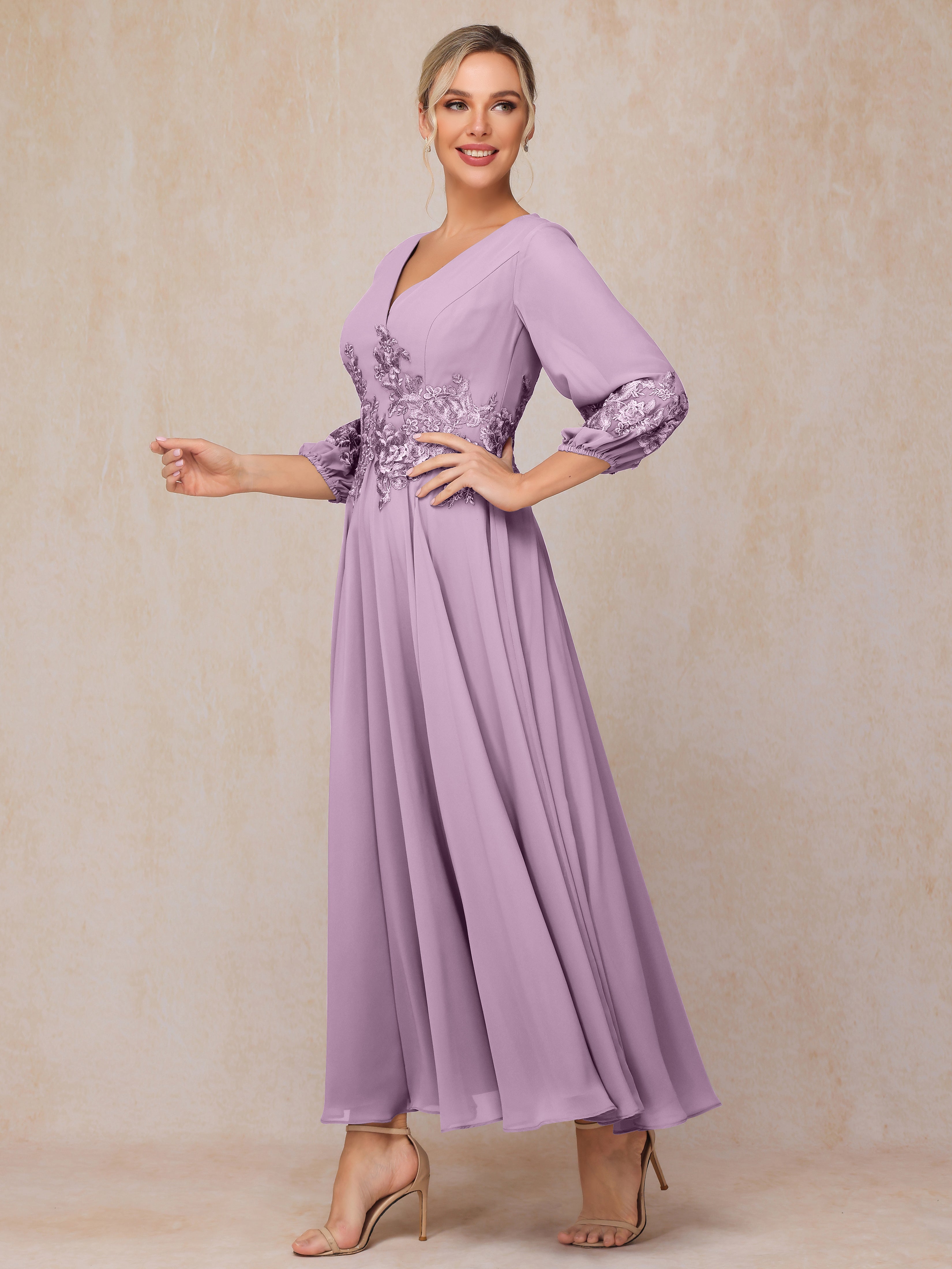 Long Sleeves Appliques Ankle Length Chiffon Mother Of The Bride Dress