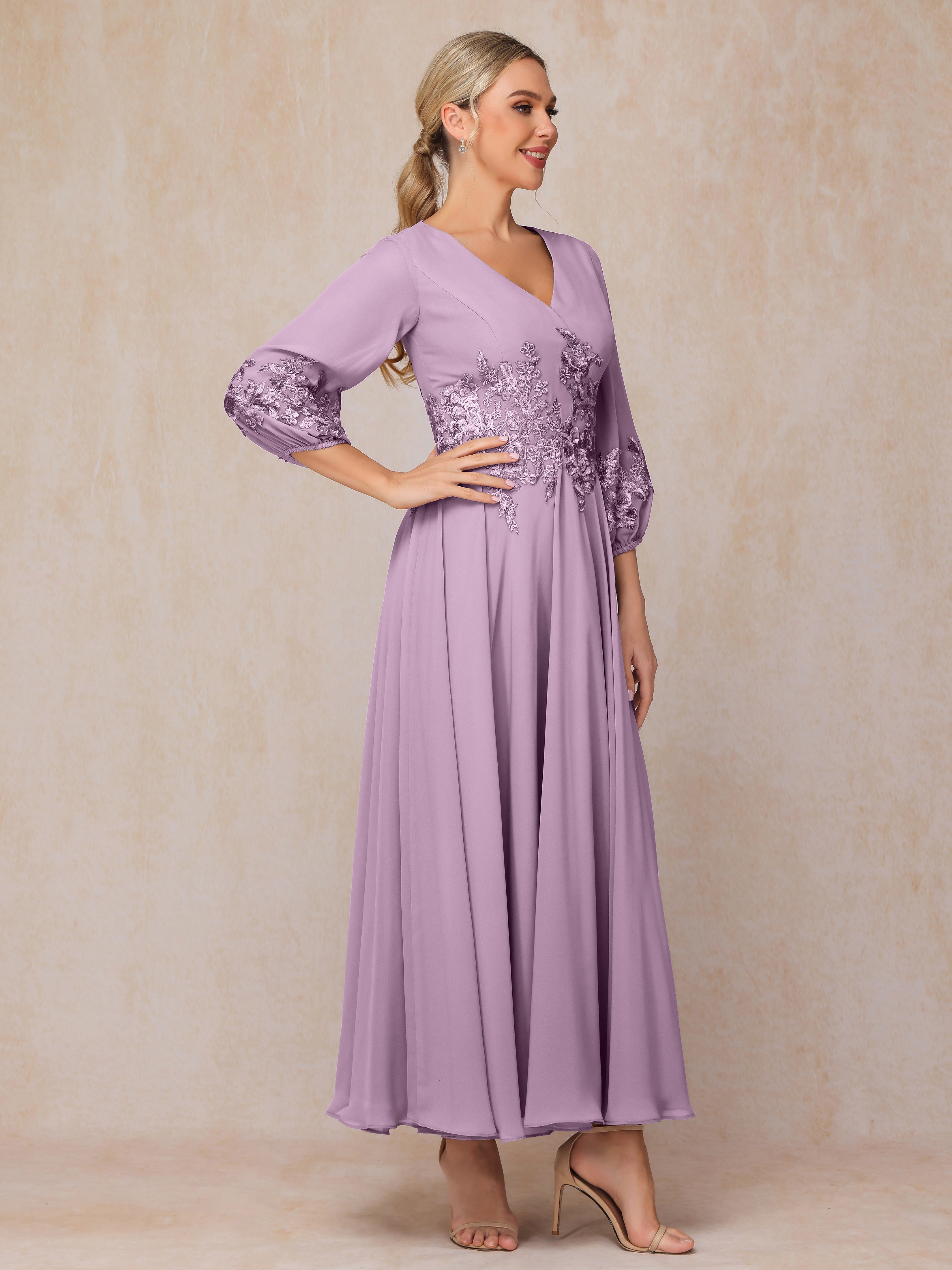 Long Sleeves Appliques Ankle Length Chiffon Mother Of The Bride Dress