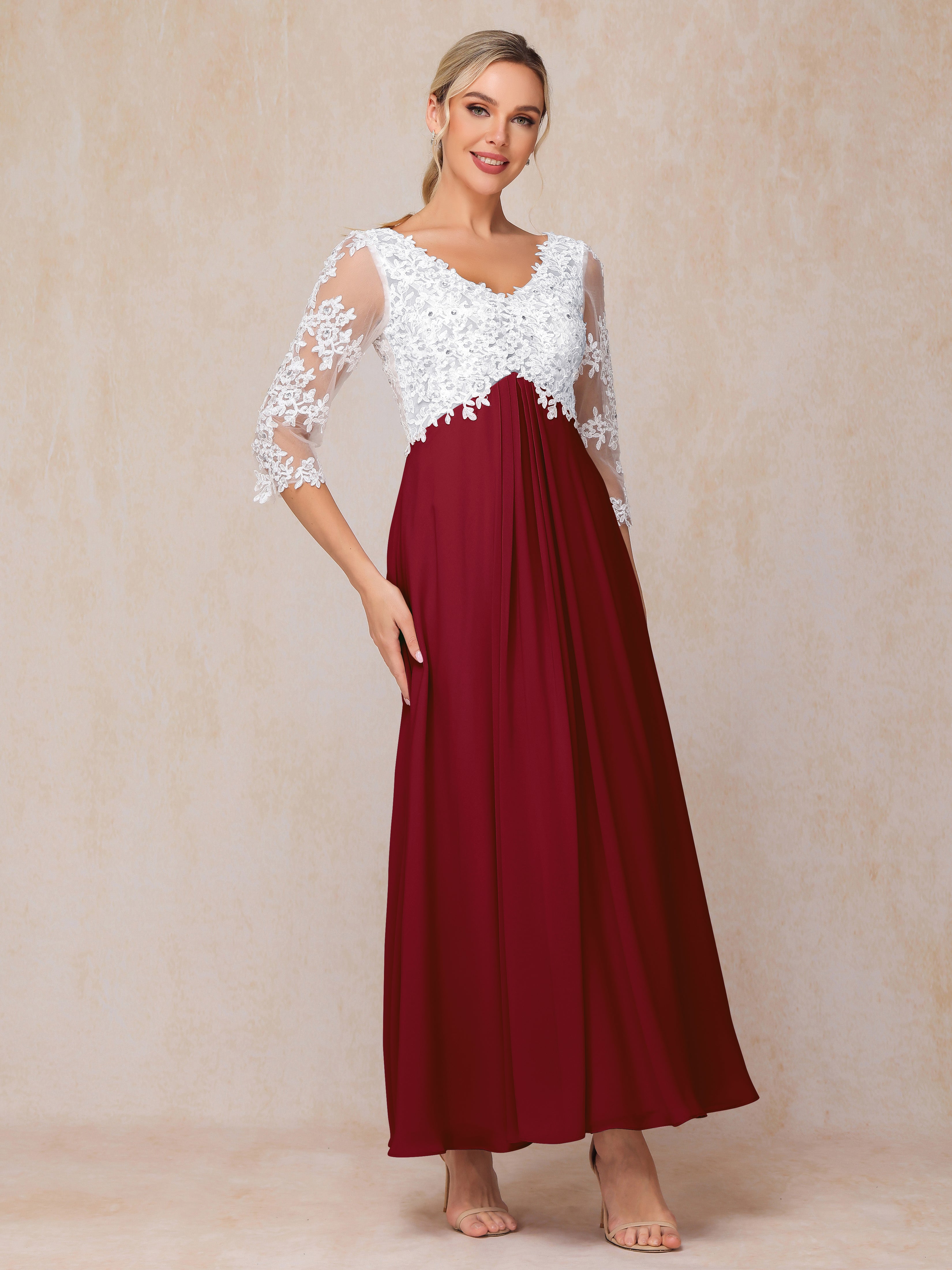 3/4 Sleeves A Line Ankle Length Chiffon Lace Mother Of The Bride Dress