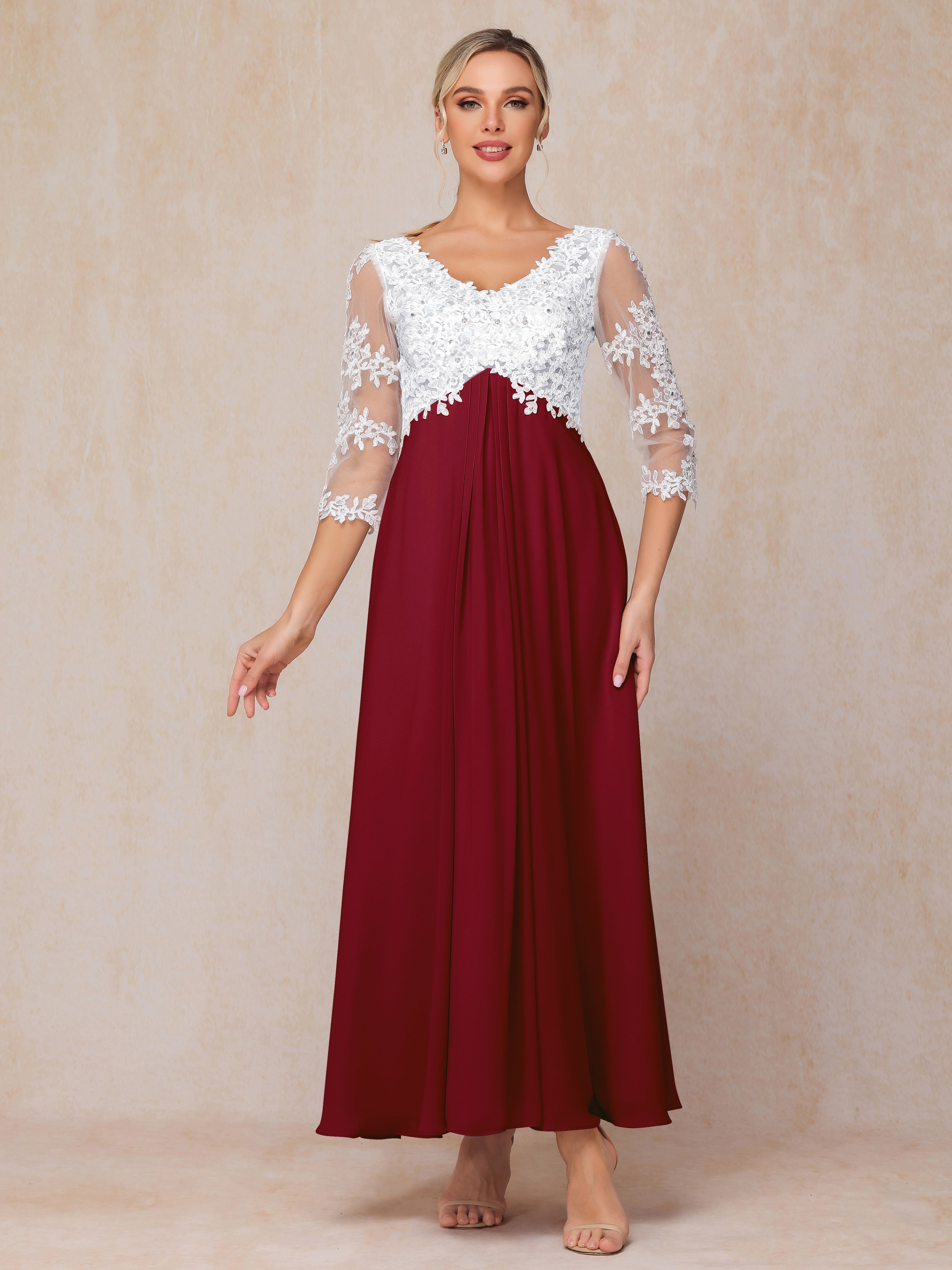 3/4 Sleeves A Line Ankle Length Chiffon Lace Mother Of The  Groom Dress