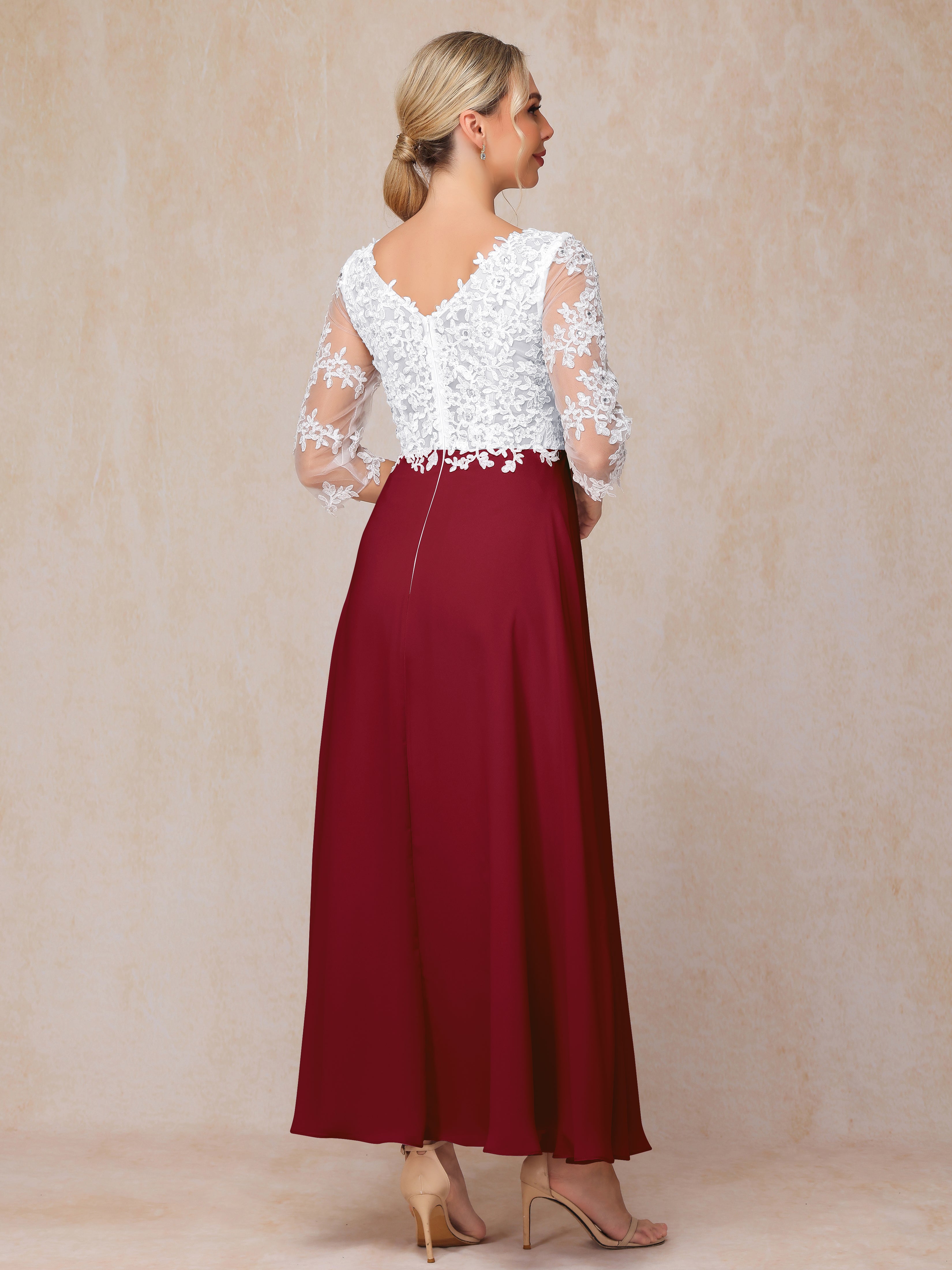 3/4 Sleeves A Line Ankle Length Chiffon Lace Mother Of The Bride Dress