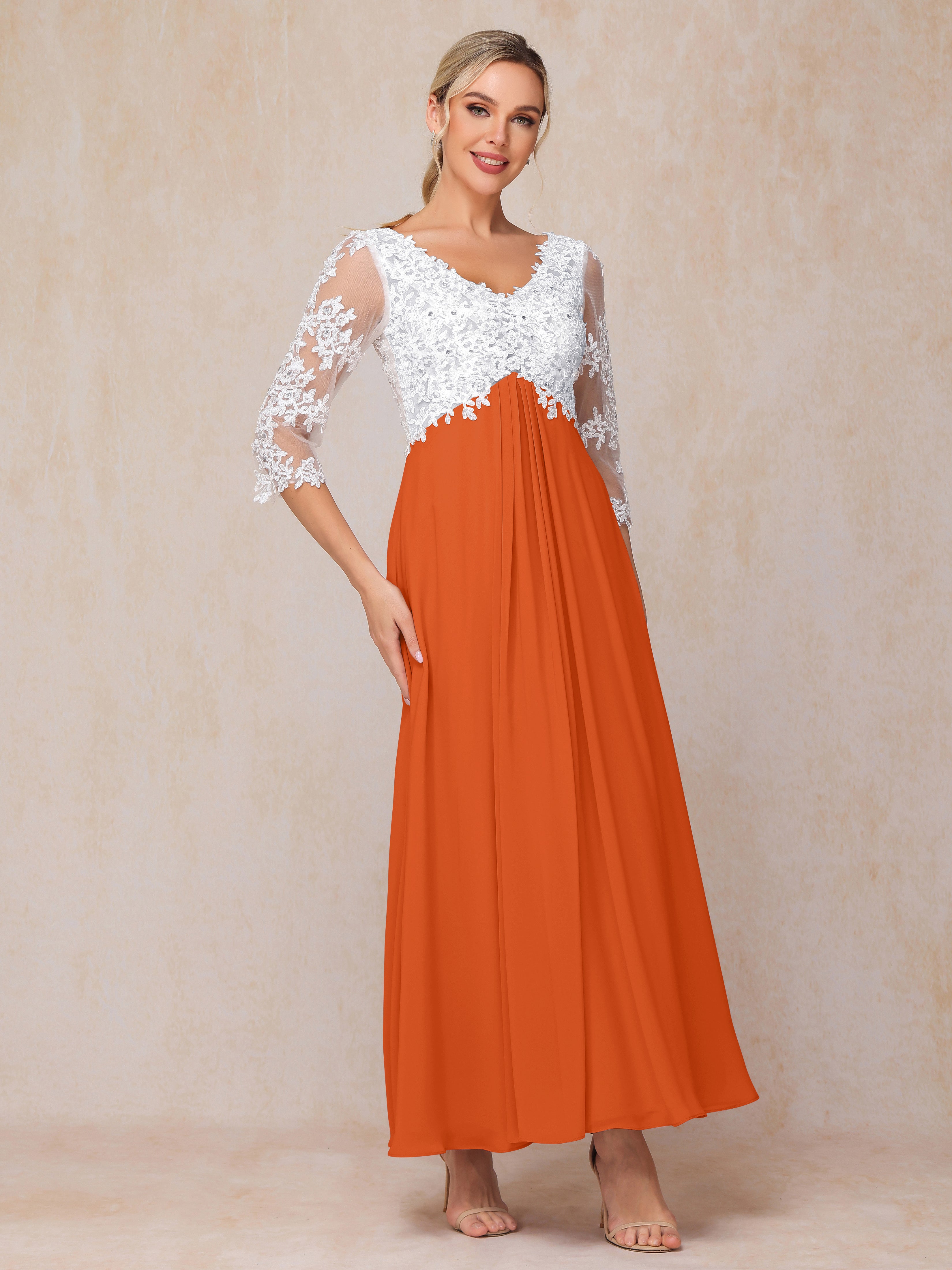 3/4 Sleeves A Line Ankle Length Chiffon Lace Mother Of The Bride Dress